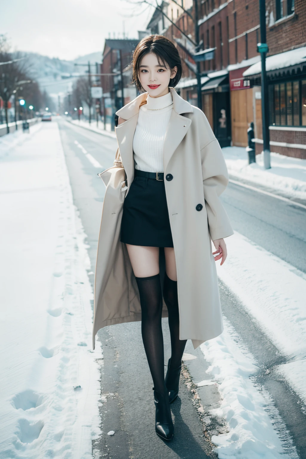 Best quality, 4K, 8K, Detailed faces, Clear face, fully body photo,beuaty girl, Korean makeup, Redlip, smilingly, perfect body figure,shoulder-length short hair,small,legs long,Slim,thin, girl wearing long and wide coat, Under the jacket is a top tube and black stockings, lower abdom, snow landscape, Winters, the street,