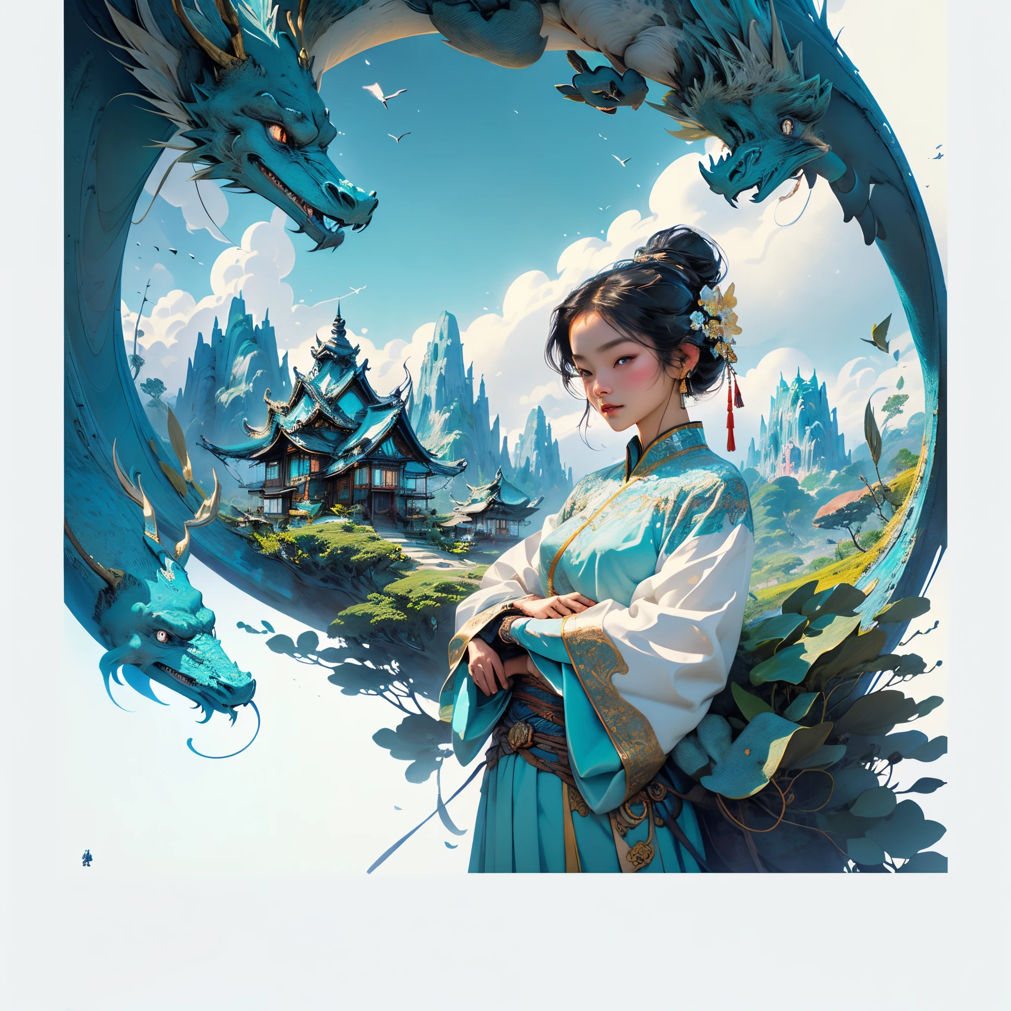Image of Asian landscape,There are mountains and birds in the air,In a fantastical otherworldly visual style,Light cyan and gold,intricate map world,surreal illustrations,romantic cityscapes,detailed character illustrations,Organic shapes and curves, --v6