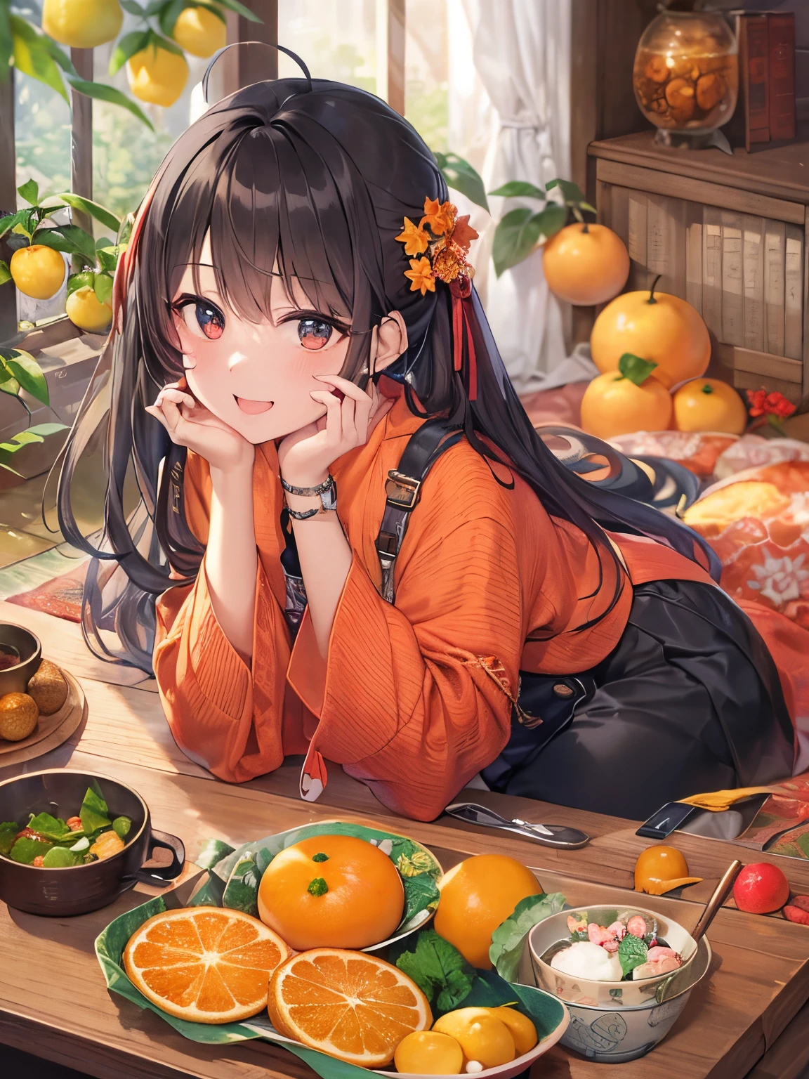 ​masterpiece、top-quality、looking at the viewers、tie long hair up、Warm room、(hair wavy:0.7)、Colorful casual attire、A black-haired woman smiling happily with her mouth open，Put down the oranges and sit at the kotatsu.、