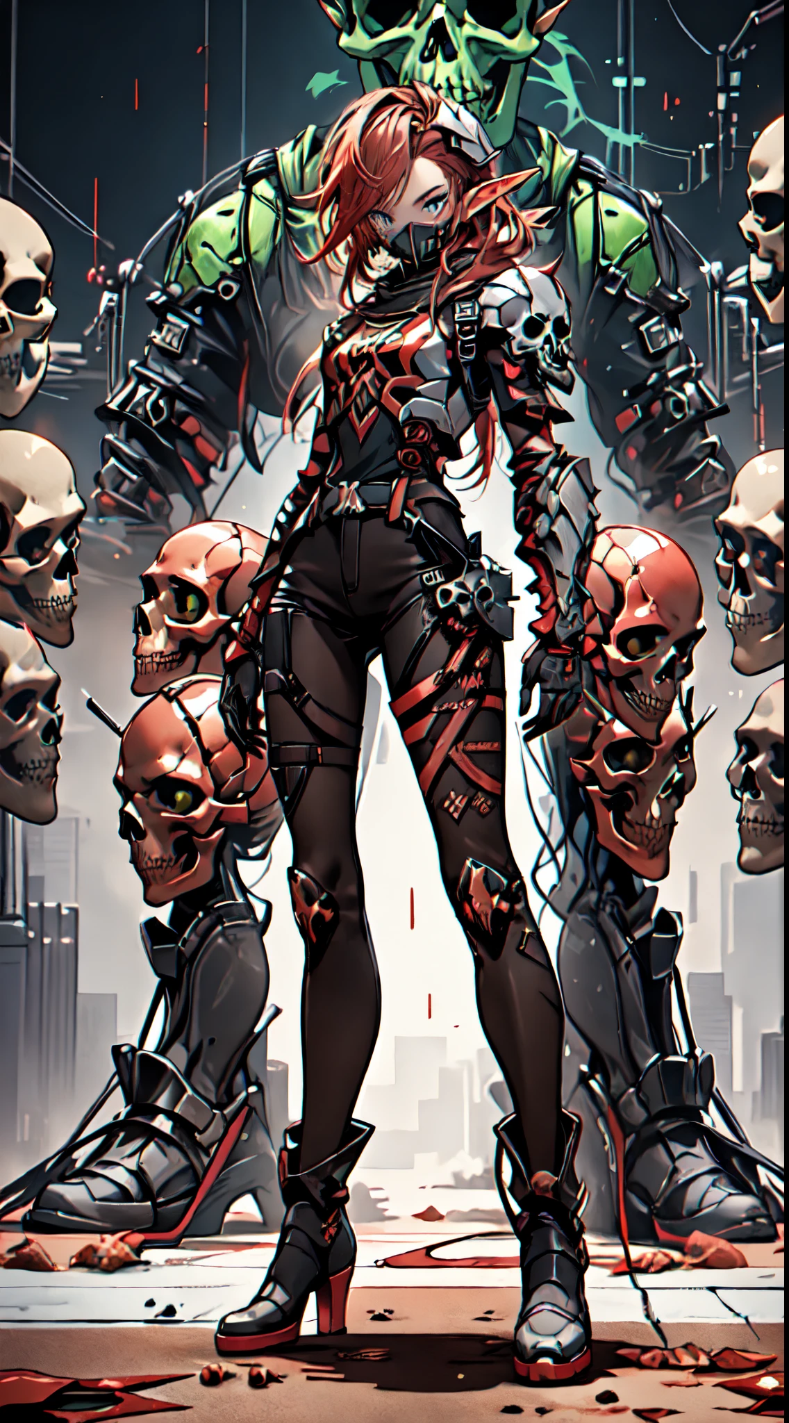 (((masterpiece, best quality))), (elf), (1girl), solo, Bangs, red tinted hair,((dessertpunk X cyberskull armor)),long black glovelack pantyhoses,Handsome standing with white boots, art style by Artgerm, by Kawacy, By Yusuke Murata