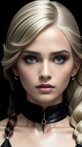 (piece of master), (best quality), um close-up, de uma menina, com cabelo platinado, (cabelos brancos prateados), with double braids, her name is Revenge, (((call it revenge)), ela Ela tem um rosto perfeito, pele bronzeada, olhos verdes, an angry expression, controlled rage, ela sempre se esconde nas sombras, usa um colete com capuz, feito de couro escuro.