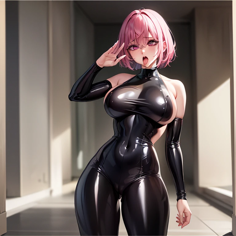 {1girl in},{{{{{Mash Kyrielight,Pink hair,Short hair,Purple eyes,Hair over one eye,Brainwashed,}}}}}, very aesthetic, Best Quality, absurderes, 1girl in, Empty eyes,saluting, largebreasts,deadpan,labo, Darkness Room,NFSW、(RAW Photos、top-quality、​masterpiece:1.2)、(realisitic、Photorealsitic:1.37)、((Girl in black latex full body suit 1.4)), natural soft light、photon maping、详细的脸、Detailed lipin particle skin、(huge-breasted:1.4)The shape of  is clearly visible、(The shape of the pubic area is clearly visible)、perfectbody、shinny skin、(to stand)、Open your crotch、sexypose、Make eye contact with the camera、Beautiful leg line,​masterpiece、top-quality、超A high resolution、sexy  pose、Lewd eyes, narrow her eyes、Pose Seductive,((Open your mouth wide and stick out your long tongue:1.4))、((Amazing Ahegao:1.4))、((Thighs open:1.4)),The mouth that is trying to eat you 、Inability to control libido、Wistful face、Nasty face、Pleading face、Swimsuit that digs into the crotch