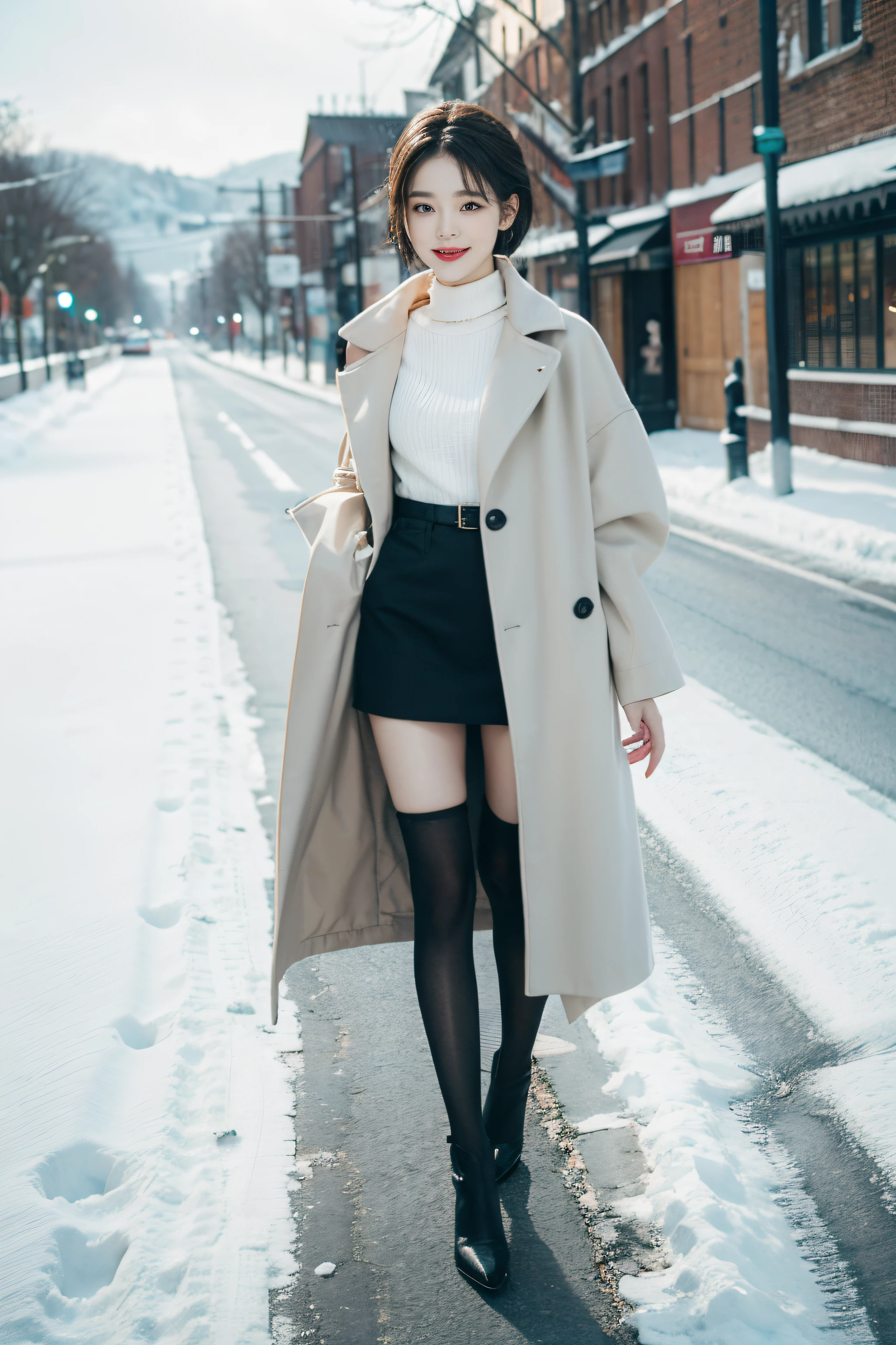 Best quality at best, 4K, 8K, Detailed faces, Clear face, Full body photo,beuaty girl, Korean makeup, Redlip, Smilingly, perfect body figure,shoulder-length short hair,small,legs long,Slim,thin, girl wearing long and wide coat, Under the jacket is a top tube and black stockings, lower abdom, snow landscape, Winters, the street,
