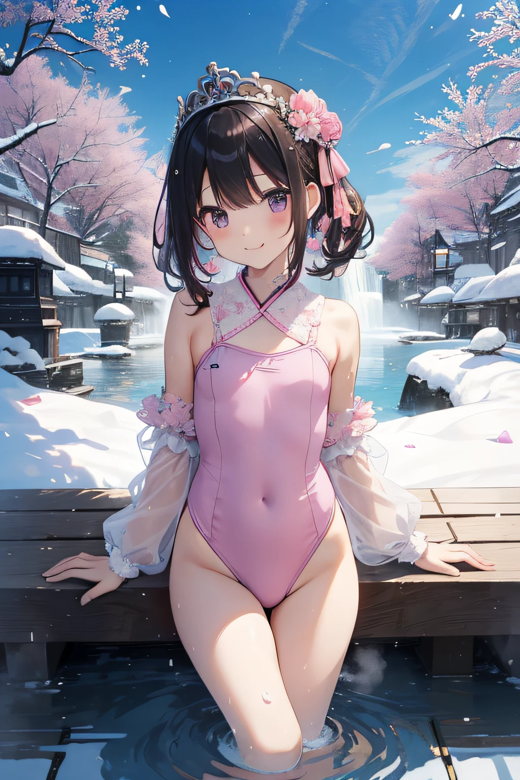 top-quality、extremely delicate and beautiful、Soio、Soio、8-year-old little girl、japanes、Lori、Chiquita、noble、elementary student、A dark-haired、((Pink leotard))、(highleg)、Tiara on the head、A smile、is standing、Facing the front、hot spring with snow background、Bathing