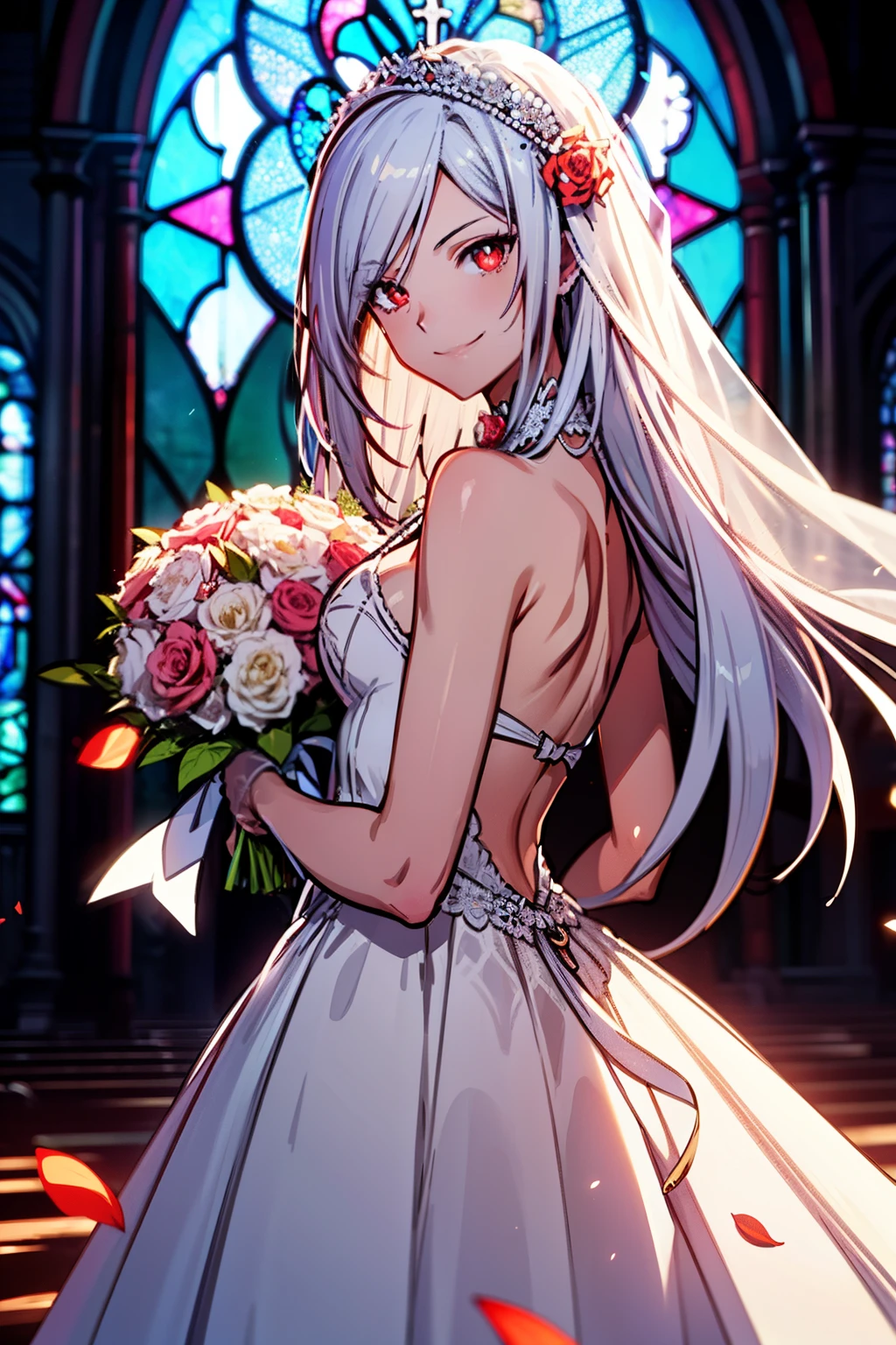 1 girl, 28 years old, Long silver hair, red eyes with slit pupils, small breasts, master-piece, best quality, proportional body, proportional, clothes translucent, (wedding dress: 1.1), glowing eyes, floating hair, holding a bouquet, White Wedding Dress, Long skirt, wedding, magical girl, (church), stained glass background, rose petals, fantasy, particles, side light, Tyndall light, outdoor, wedding, Upper body, Both hands hold a bouquet of flowers, white gloves, Make eye contact with the camera, back figure, looking back, (light_Smile:1.5), (Detailed hands and fingers:1.2)