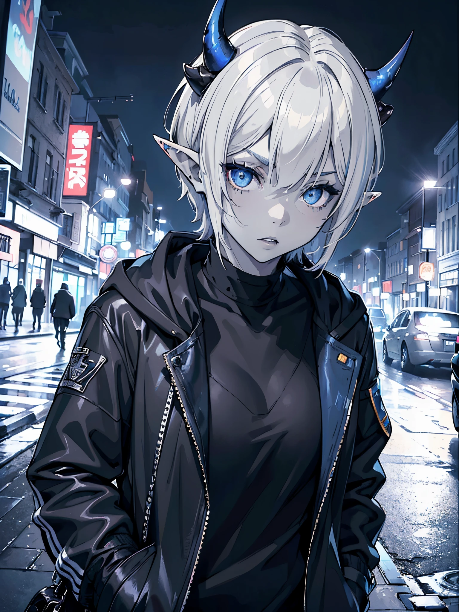 (Masterpiece, Best quality, ultra high resolution),1girl,short hair,(colored skin,ref skin),pointy ears,oni horns,beautiful and detailed face, detailed eyes,rock fashion,jacket, open jacket, black shirt,in the street,night,((grey and blue theme))