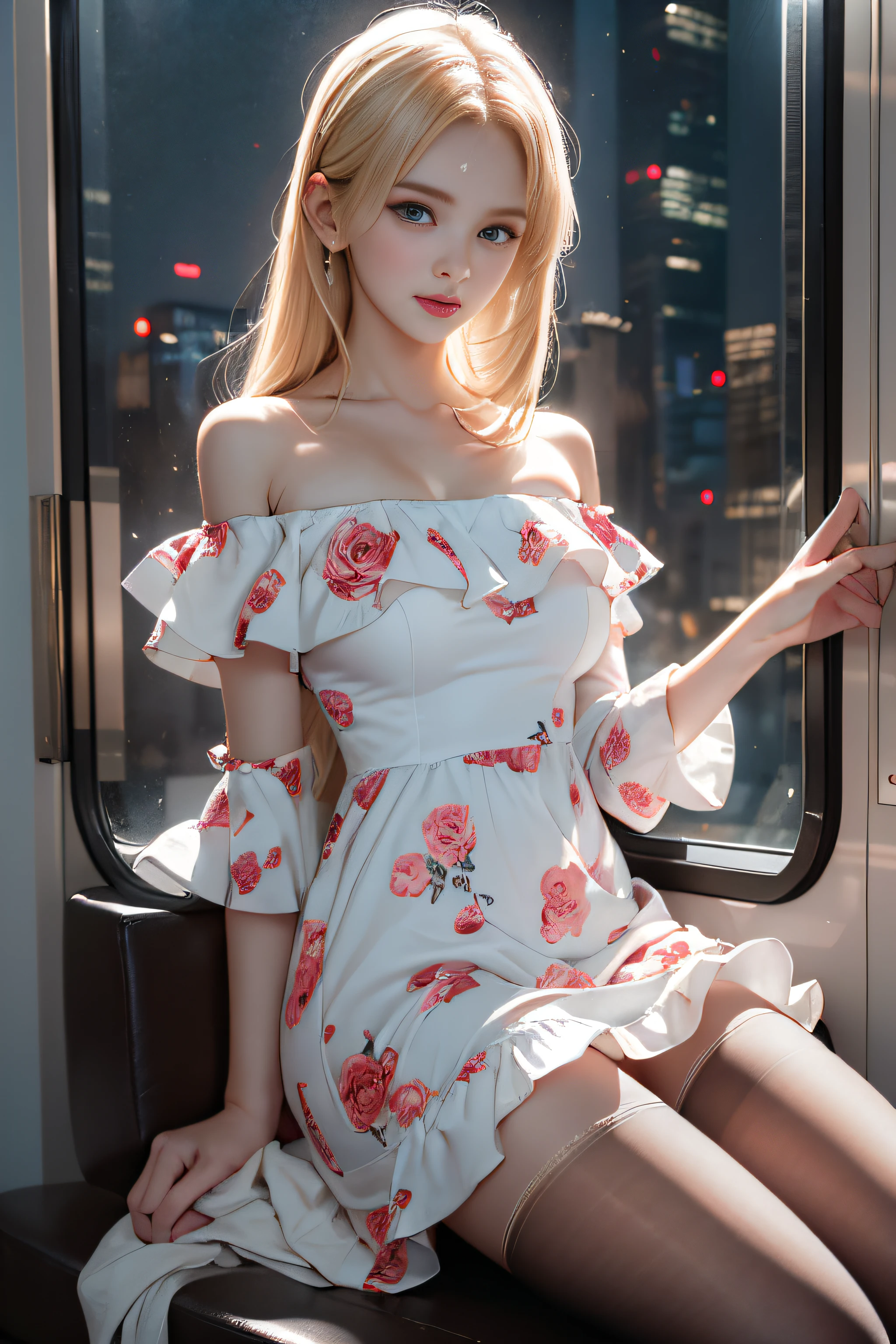 ((Girl sitting on train seat)),bright expression、Young shiny shiny white shiny skin、Best Look Rondo Reflective Light、Platinum blonde hair with dazzling highlights、shiny light hair,、Super long silky straight hair、Beautiful bangs that shine、Glowing crystal clear attractive big blue eyes、Very beautiful nice cute 16 year old girl、Lush bust,Beautiful detailed eyes, beautiful detailed nose,(( Full body:1.5)),Makeup that the eyes emphasize、Royal style,Comic style, , Sub-surface scattering, ornate detail, nature backdrop, Supergianthugebreasts, ((Cinematic)), Dramatic Lighting, masutepiece、((Floral dress isolated on off-shoulder white background:1.4))、(Loose and fluffy perm:1.4)、1 girl in、((Bob Hair:1.3))、Ultra realistic 8K CG, Picture-perfect face, flawless, clean, masutepiece, Professional artwork, famousartwork, Perfect face, Beautiful face, Beautiful eyes, ((Perfect female body)), Solo,(Immersive atmosphere, Chiaroscuro:1.5,Bright light:1.2,Luminous lighting),(blush:0.5),fascinated expression,Extremely detailed_Eyes,thick thighs,Large,beautifullydetailedbackground,depth of fields,Realistic:1.3, longshot,Sitting, Full body, (ambient lights:1.3),(Cinematic composition:1.3),(Neon light:0.1),(nffsw:0.1),Accent Lighting, pantyhose,((Outside the window, Hazy skyscrapers))