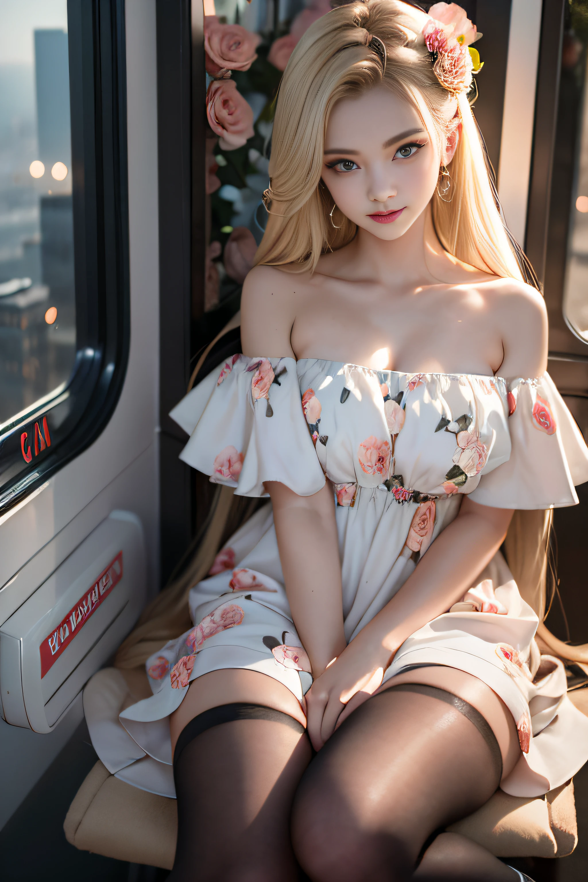 ((Girl sitting on train seat)),bright expression、Young shiny shiny white shiny skin、Best Look Rondo Reflective Light、Platinum blonde hair with dazzling highlights、shiny light hair,、Super long silky straight hair、Beautiful bangs that shine、Glowing crystal clear attractive big blue eyes、Very beautiful nice cute 16 year old girl、Lush bust,Beautiful detailed eyes, beautiful detailed nose,(( Full body:1.5)),Makeup that the eyes emphasize、Royal style,Comic style, , Sub-surface scattering, ornate detail, nature backdrop, Supergianthugebreasts, ((Cinematic)), Dramatic Lighting, masutepiece、((Floral dress isolated on off-shoulder white background:1.4))、(Loose and fluffy perm:1.4)、1 girl in、((Bob Hair:1.3))、Ultra realistic 8K CG, Picture-perfect face, flawless, clean, masutepiece, Professional artwork, famousartwork, Perfect face, Beautiful face, Beautiful eyes, ((Perfect female body)), Solo,(Immersive atmosphere, Chiaroscuro:1.5,Bright light:1.2,Luminous lighting),(blush:0.5),fascinated expression,Extremely detailed_Eyes,thick thighs,Large,beautifullydetailedbackground,depth of fields,Realistic:1.3, longshot,Sitting, Full body, (ambient lights:1.3),(Cinematic composition:1.3),(Neon light:0.1),(nffsw:0.1),Accent Lighting, pantyhose,((Outside the window, Hazy skyscrapers))