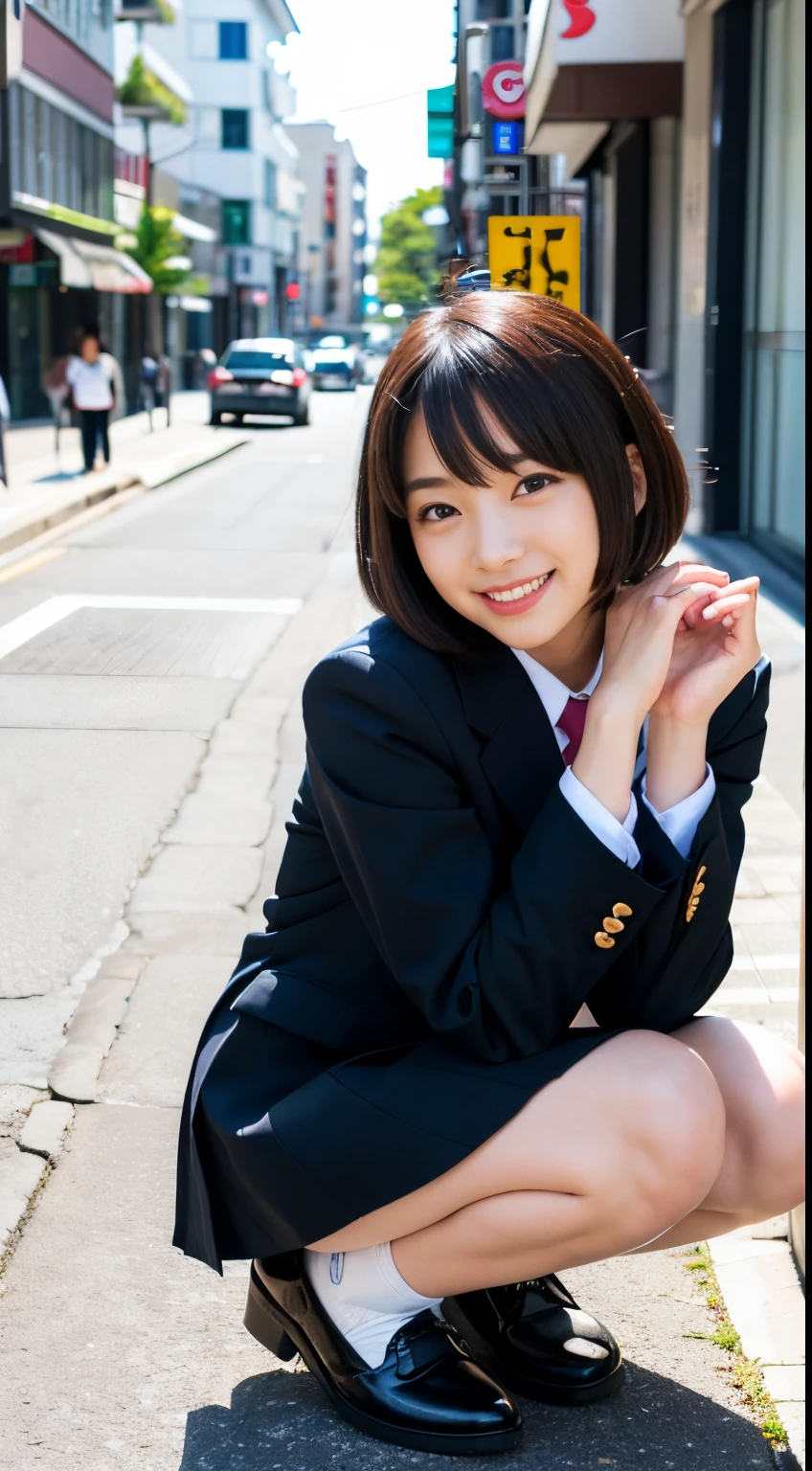 Best-quality, Masterpiece, Ultra-High-Resolution, (Photorealistic:1.4), Raw-Photo, Extremely-Details, Perfect-Anatomy, Ultra-detailed, cold winter, 1girl, 15-years-old, the most famous Japanese idol in Japan, grinning, wearing formal Japanese-high-school-uniform, squatting on main street in Hiroshima, extremely cute face like the most popular Japanese idol in Japan, extremely beautiful big black eyes, extremely beautiful black solid circle eyes, extremely beautiful black short-cut-haired, extremely beautiful legs, extremely beautiful thighs, detailed formal Japanese-high-school-uniform, detailed main street in Hiroshima, detailed cute face, detailed beautiful big black eyes, detailed beautiful black solid circle eyes, detailed beautiful black short-cut-haired, detailed beautiful thighs, detailed beautiful legs