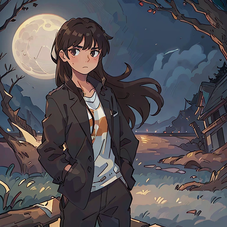 man, 18 years old, brown hair, brown eyes, white shirt, black pants, serious face, serious look, haunted scenery, dead tree, full moon, lots of fog.