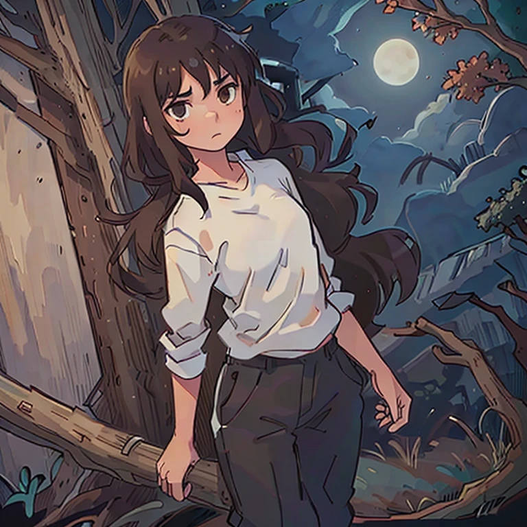 man, 18 years old, brown hair, brown eyes, white shirt, black pants, serious face, serious look, haunted scenery, dead tree, full moon, lots of fog.