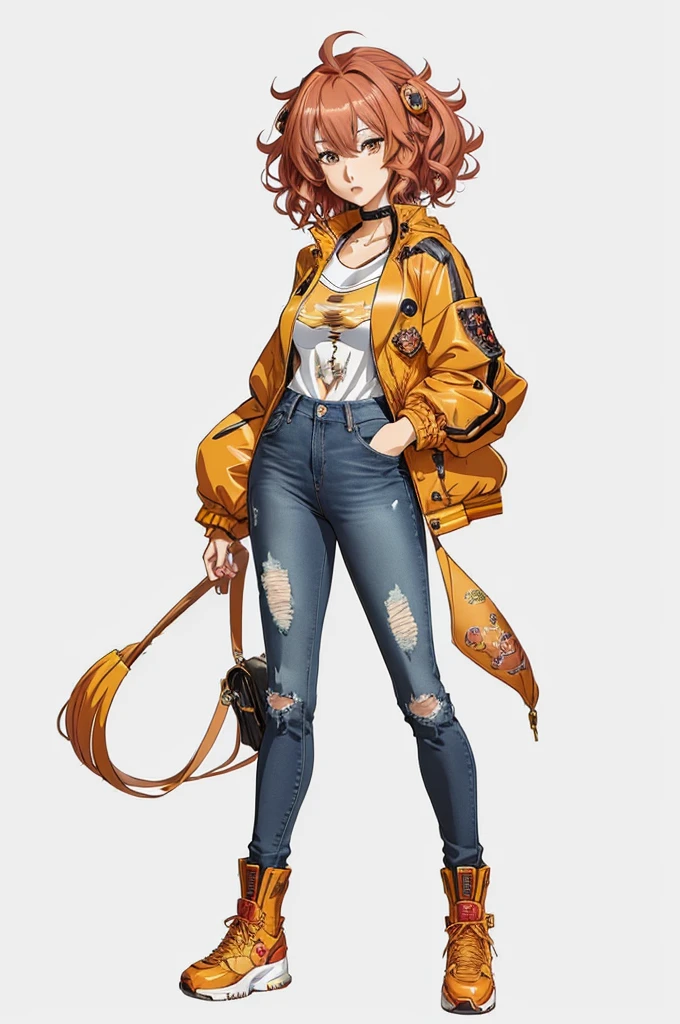 a close up of a person wearing a jacket and jeans, anime full body illustration, highly detailed character design, style anime, high quality character design, detailed anime character art, anime character art, anime style character, full body illustration, full body character design,  girl fanart, she is wearing streetwear, anime character design, best anime character design, character full body portrait