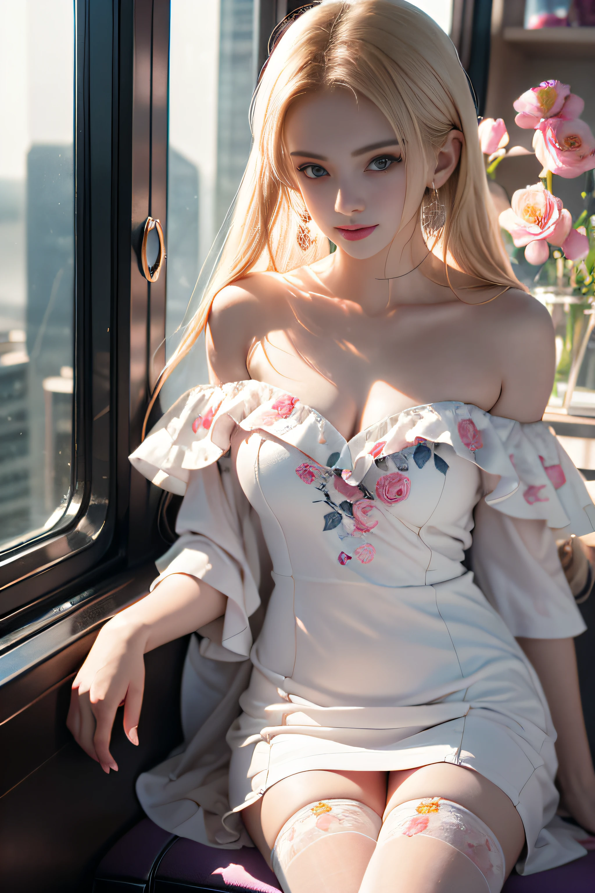 ((Girl sitting on train seat)),bright expression、Young shiny shiny white shiny skin、Best Look Rondo Reflective Light、Platinum blonde hair with dazzling highlights、shiny light hair,、Super long silky straight hair、Beautiful bangs that shine、Glowing crystal clear attractive big blue eyes、Very beautiful nice cute 16 year old girl、Lush bust,Beautiful detailed eyes, beautiful detailed nose,(( Full body:1.5)),Makeup that the eyes emphasize、Royal style,Comic style, , Sub-surface scattering, ornate detail, nature backdrop, Supergianthugebreasts, ((Cinematic)), Dramatic Lighting, masutepiece、((Off-shoulder dress with floral print on a white background, Mini skirt type:1.4))、(Loose and fluffy perm:1.4)、1 girl in、((Bob Hair:1.3))、Ultra realistic 8K CG, Picture-perfect face, flawless, clean, masutepiece, Professional artwork, famousartwork, Perfect face, Beautiful face, Beautiful eyes, ((Perfect female body)), Solo,(Immersive atmosphere, Chiaroscuro:1.5,Bright light:1.2,Luminous lighting),(blush:0.5),fascinated expression,Extremely detailed_Eyes,thick thighs,Large,beautifullydetailedbackground,depth of fields,Realistic:1.3, longshot,Sitting, Full body, (ambient lights:1.3),(Cinematic composition:1.3),(Neon light:0.1),(nffsw:0.1),Accent Lighting, pantyhose,((Outside the window, Hazy skyscrapers))