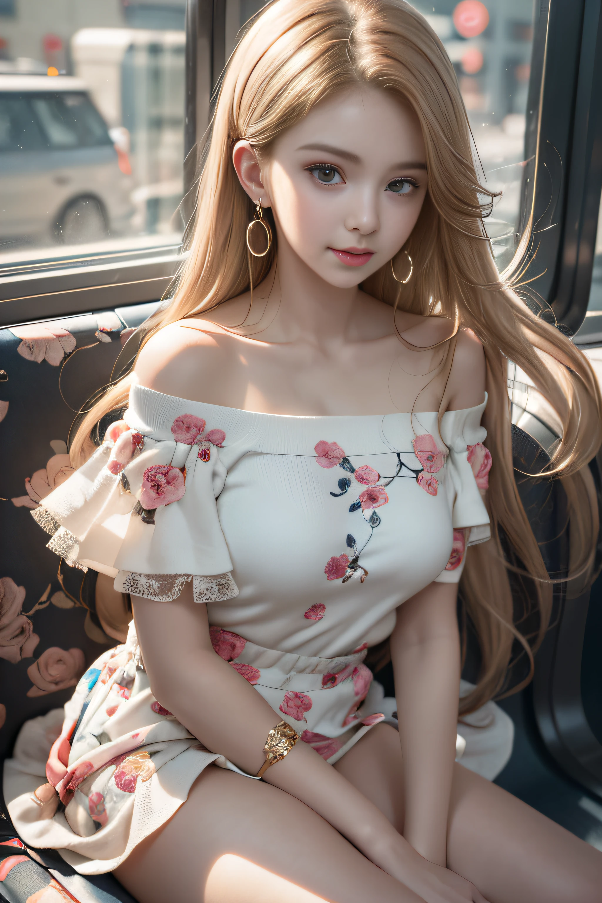 ((Girl sitting on train seat)),bright expression、Young shiny shiny white shiny skin、Best Look Rondo Reflective Light、Platinum blonde hair with dazzling highlights、shiny light hair,、Super long silky straight hair、Beautiful bangs that shine、Glowing crystal clear attractive big blue eyes、Very beautiful nice cute 16 year old girl、Lush bust,Beautiful detailed eyes, beautiful detailed nose,(( Full body:1.5)),Makeup that the eyes emphasize、Royal style,Comic style, , Sub-surface scattering, ornate detail, nature backdrop, Supergianthugebreasts, ((Cinematic)), Dramatic Lighting, masutepiece、((Off-shoulder dress with floral pattern on white background, Mini skirt type:1.4))、(Loose and fluffy perm:1.4)、1 girl in、((Bob Hair:1.3))、Ultra realistic 8K CG, Picture-perfect face, flawless, clean, masutepiece, Professional artwork, famousartwork, Perfect face, Beautiful face, Beautiful eyes, ((Perfect female body)), Solo,(Immersive atmosphere, Chiaroscuro:1.5,Bright light:1.2,Luminous lighting),(blush:0.5),fascinated expression,Extremely detailed_Eyes,thick thighs,Large,beautifullydetailedbackground,depth of fields,Realistic:1.3, longshot,Sitting, Full body, (ambient lights:1.3),(Cinematic composition:1.3),(Neon light:0.1),(nffsw:0.1),Accent Lighting, Black stockings,((Outside the window, Hazy skyscrapers))((White lace panties are visible))、
