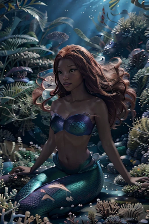 Create a highly detailed and photorealistic image of a black girl version of Disney's 'The Little Mermaid.' She should have long red dreadlocks and be portrayed in an immersive sea setting, exuding a sensual and elegant vibe. Utilize a long shot or medium shot to capture her in the enchanting underwater environment, emphasizing her allure. Render the image with Unreal Engine 5 and apply the Octane render plugin for lifelike results."