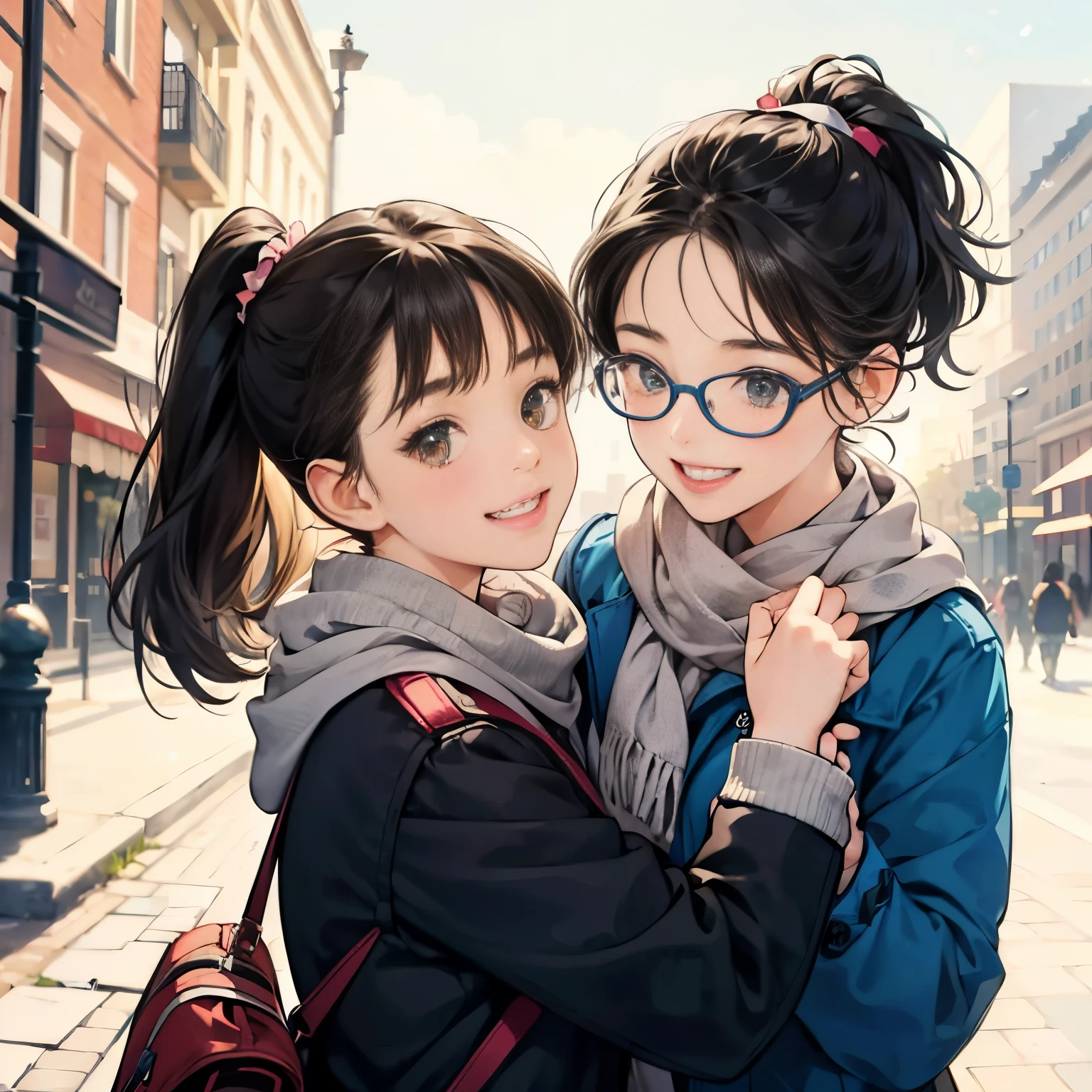 Very cute elementary school sisters are hugging each other and looking at us with smiles,my sister has a black ponytail,My sister has short brown hair and wears glasses...,Looks fun,tre anatomically correct,Cheek slid,Precise fingers,casual winter clothing,muffler,In the winter park,photorealisim,​masterpiece.