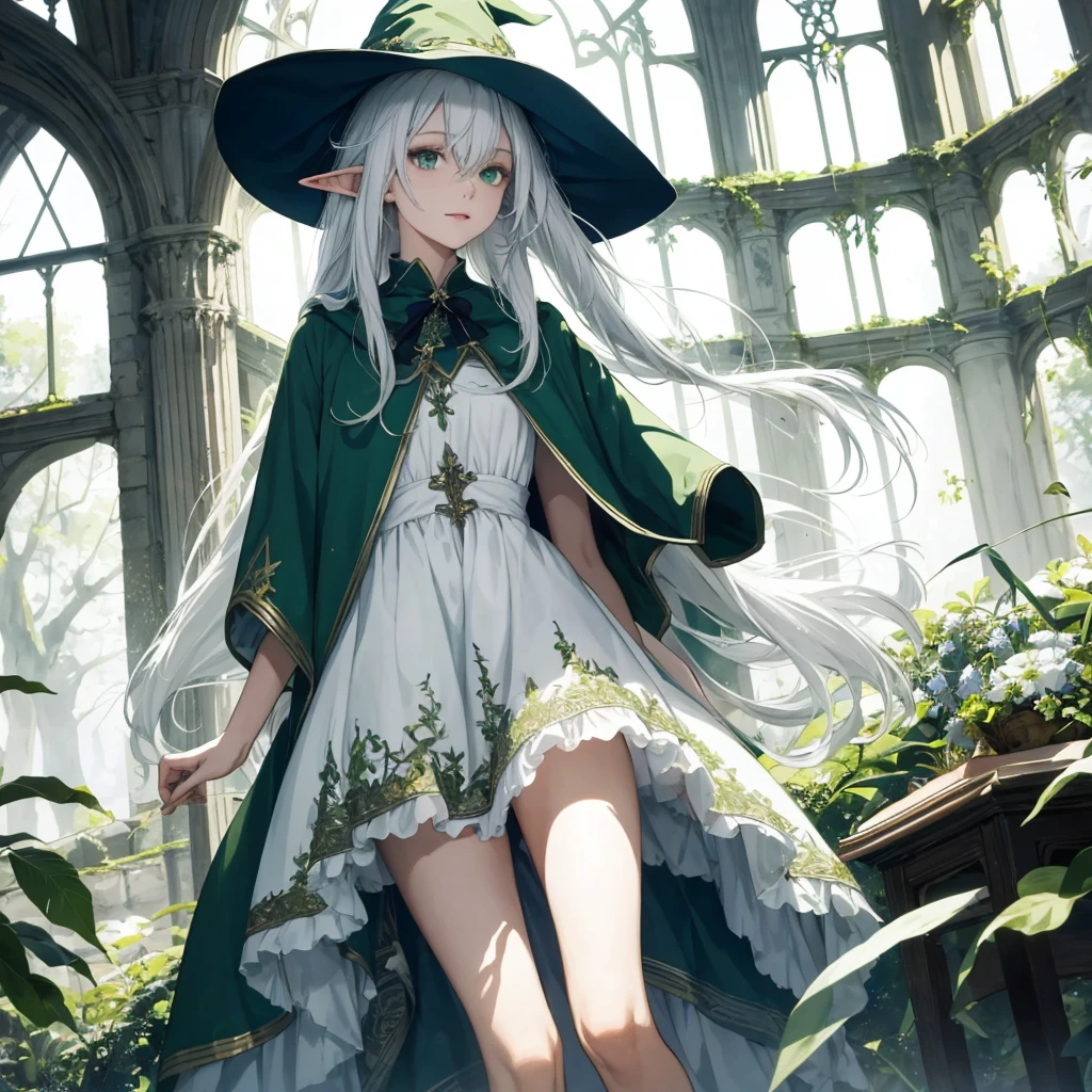 (masterpiece, top quality, best quality), 1girl, solo, witch, elf,, full body, white hair, green eyes, blue maid dress, long messy white hair, green cloak