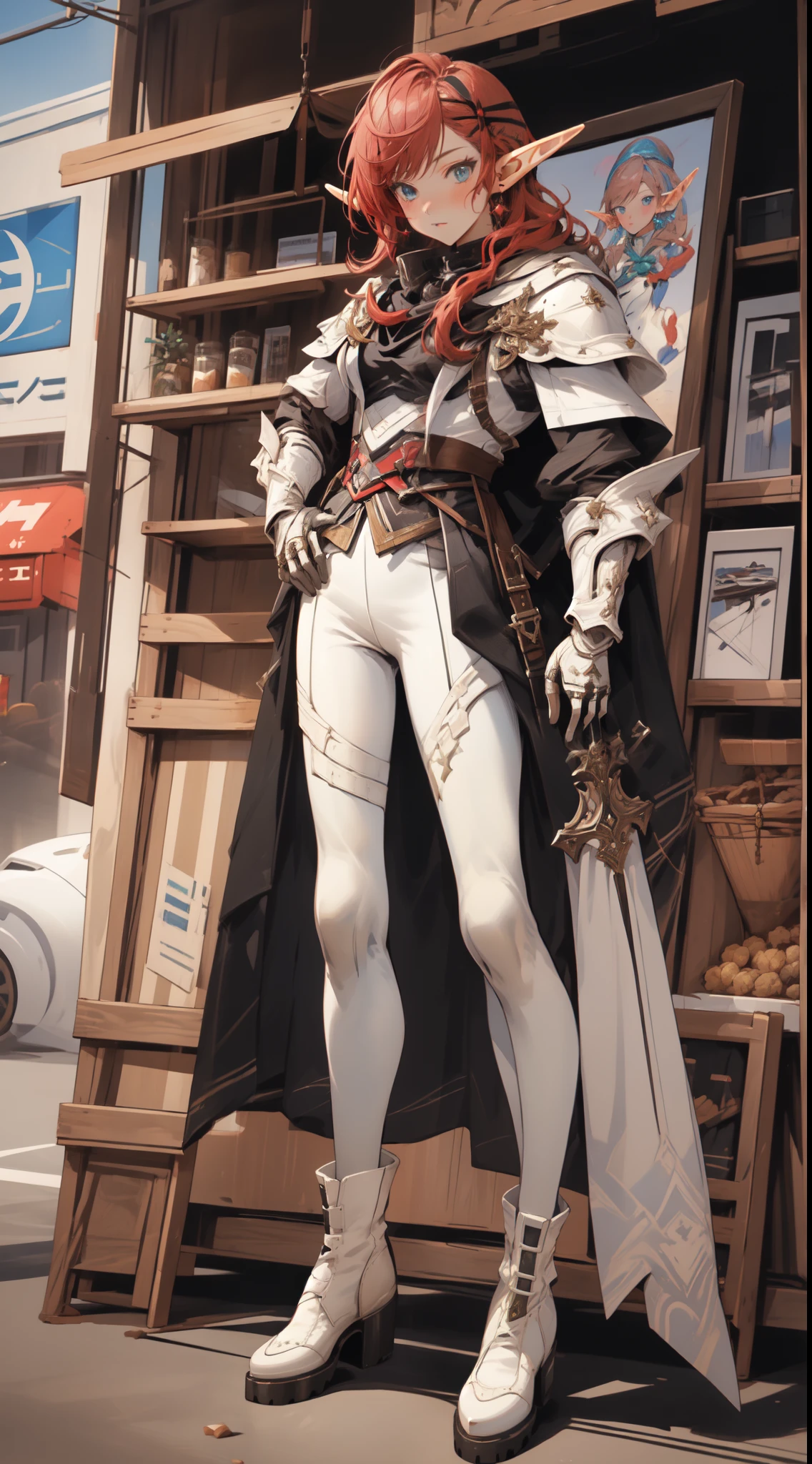 (((masterpiece, best quality))), (elf), (1girl), solo, Bangs, red tinted hair,((dessertpunk X white armor)),long black glovelack pantyhoses,Handsome standing with white boots, art style by Artgerm, by Kawacy, By Yusuke Murata