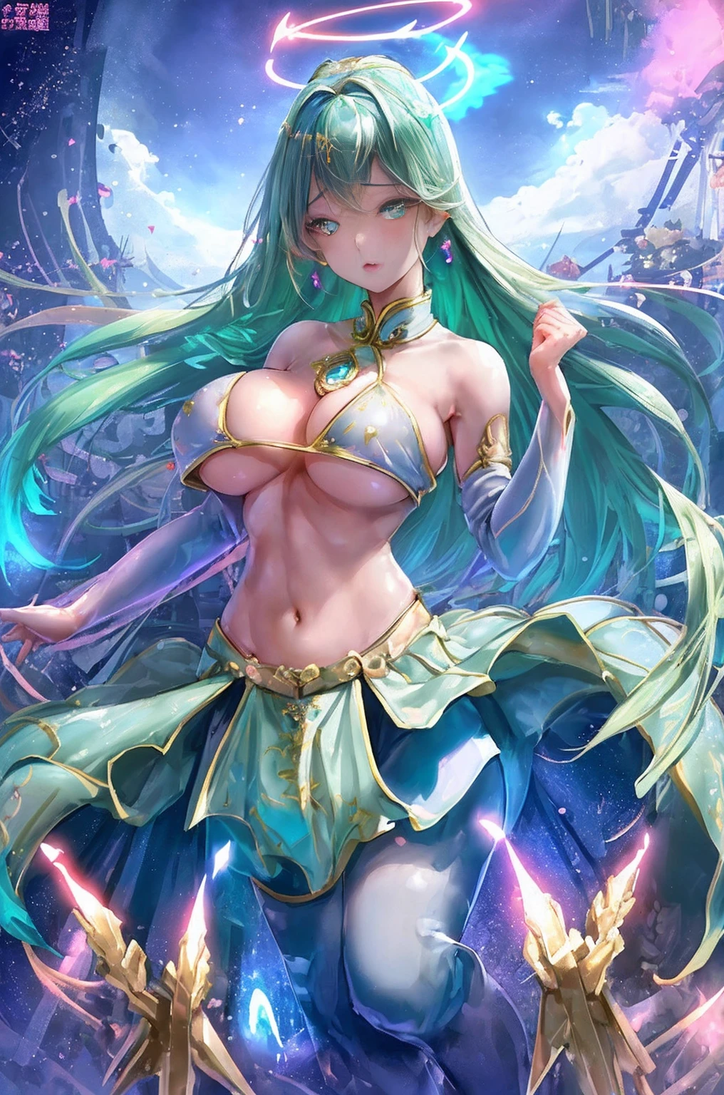 ((Best quality at best)), ((tmasterpiece)), ((actual)), Portrait 1girl, Heavenly, Deities, goddes, Light particles, The halo, looking at viewert, Determined eyes, of shoulders, Boob tube top,express extinction:0.95) the ocean, Bio-luminescence, A vibrant, Colorful, colours, (glowing, Glow),
(美丽的构图), 电影灯光, (humongous large breast,Perky little tits,The kinky is exposed,The kinky is exposed,beautiful display,,Exhibited,focal point,The No)),a hologram