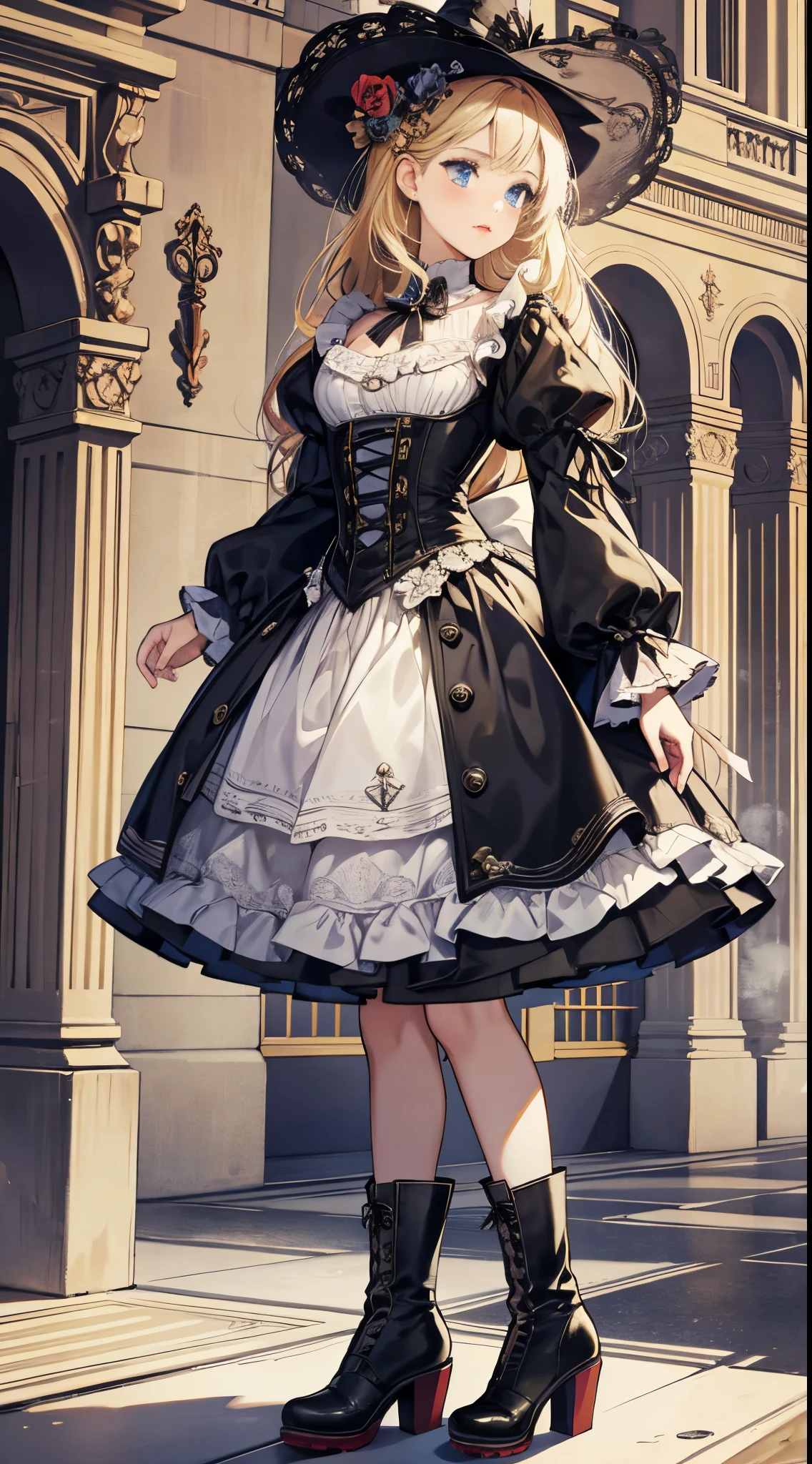 A woman in a dress and boots is standing in front of a building, baroque dress, in detailed steampunk dress, an elegant gothic princess, victorian gothic ta fashion, Historical Baroque Dress Dark, black gothic loliress, fantasy style clothing, rococo dress, black rococo, classical witch, fantasy outfit, wearing a gothic dress, romantic dress, gothic dress,a blond