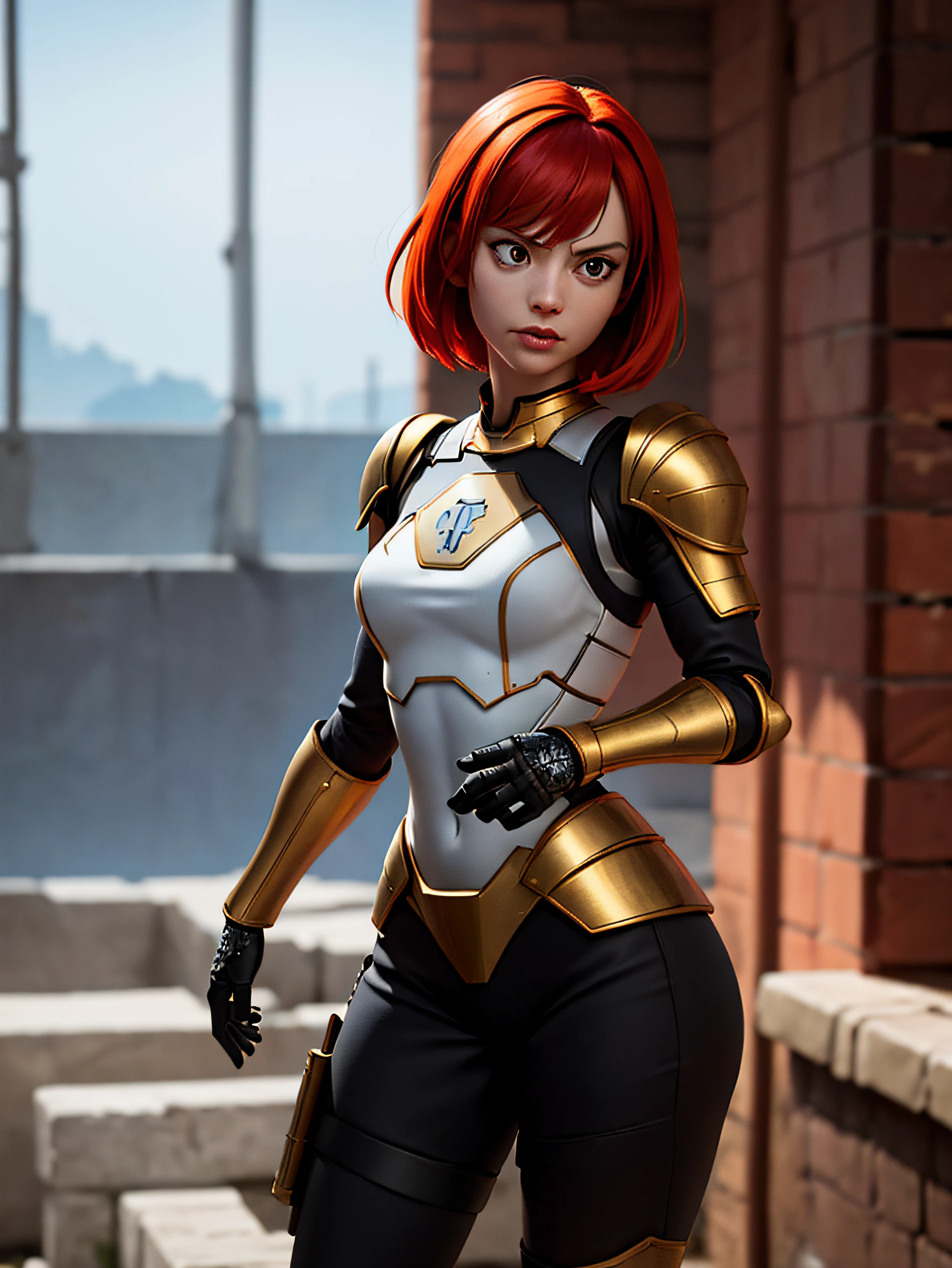 1 woman, bokatan, armor, red hair, battle pose, Photorealistic, Hyperrealistic, Hyperdetailed, analog style, hip cocked, demure, low cut, detailed skin, matte skin, soft lighting, subsurface scattering, realistic, heavy shadow, masterpiece, best quality, ultra realistic, 8k, golden ratio, Intricate, High Detail, film photography, soft focus, blurry background