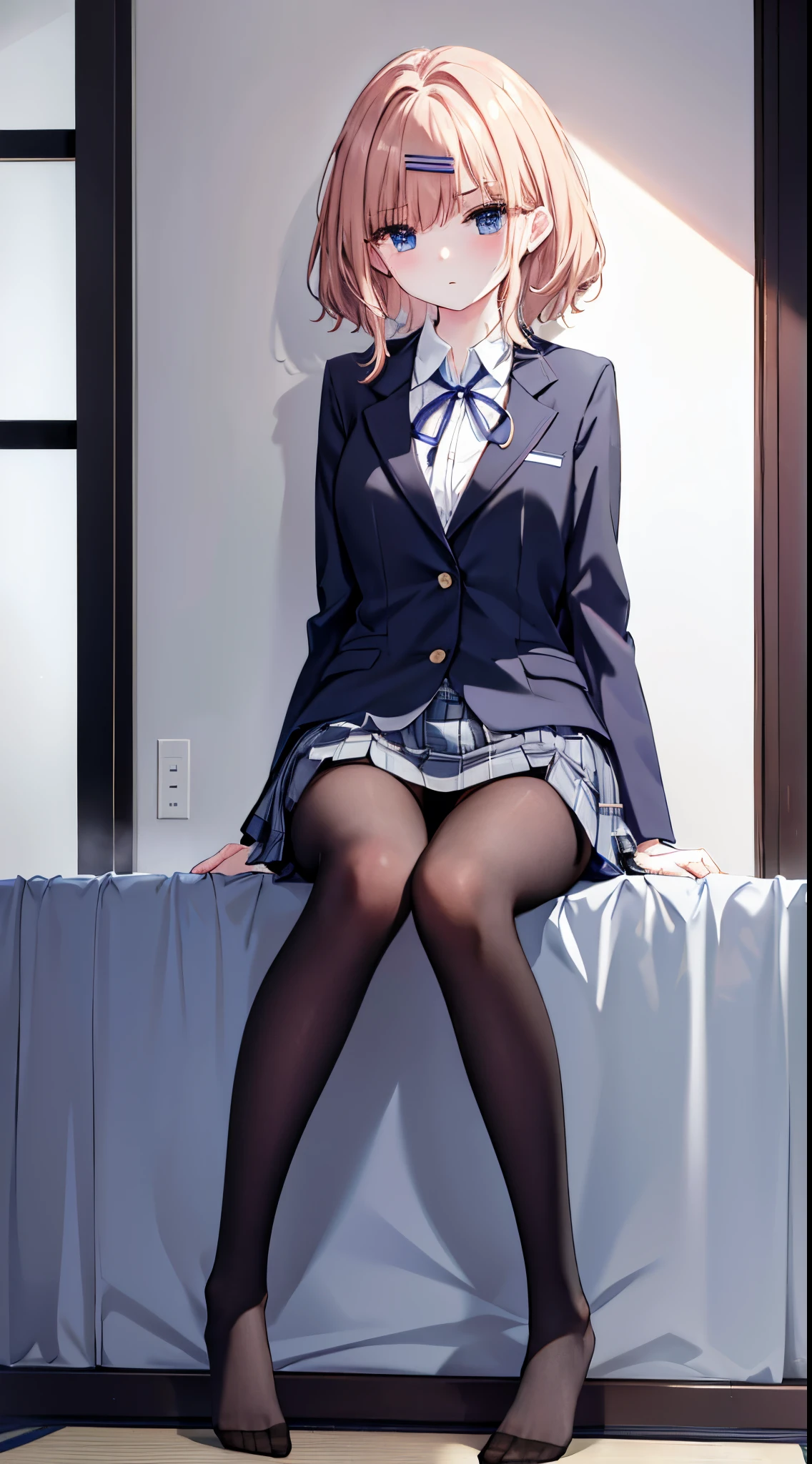 highest grade、masterpiece、HDTV、(full bodyesbian)、(frontage)、(bilaterally symmetrical)、A mature and tall Japanese high school girl、soio、(Full body view from head to toe)、(feet without shoes)、sitting composition、Composition with legs spread apart、Slightly low angle、(White ruffled panties)、small tits、(Black tights)、(black pantyhose)、(Composition showing white panties)、A very beautiful and tall girl.、(I'm not wearing shoes)、(bangss)、Unkempt hair、(hair clips)、pale blush、Looking at the camera、slender leg、 High School Uniform Blazer、High School Uniform White Blouse、high school uniform blue ribbon、High school uniform plaid and navy pleated skirt