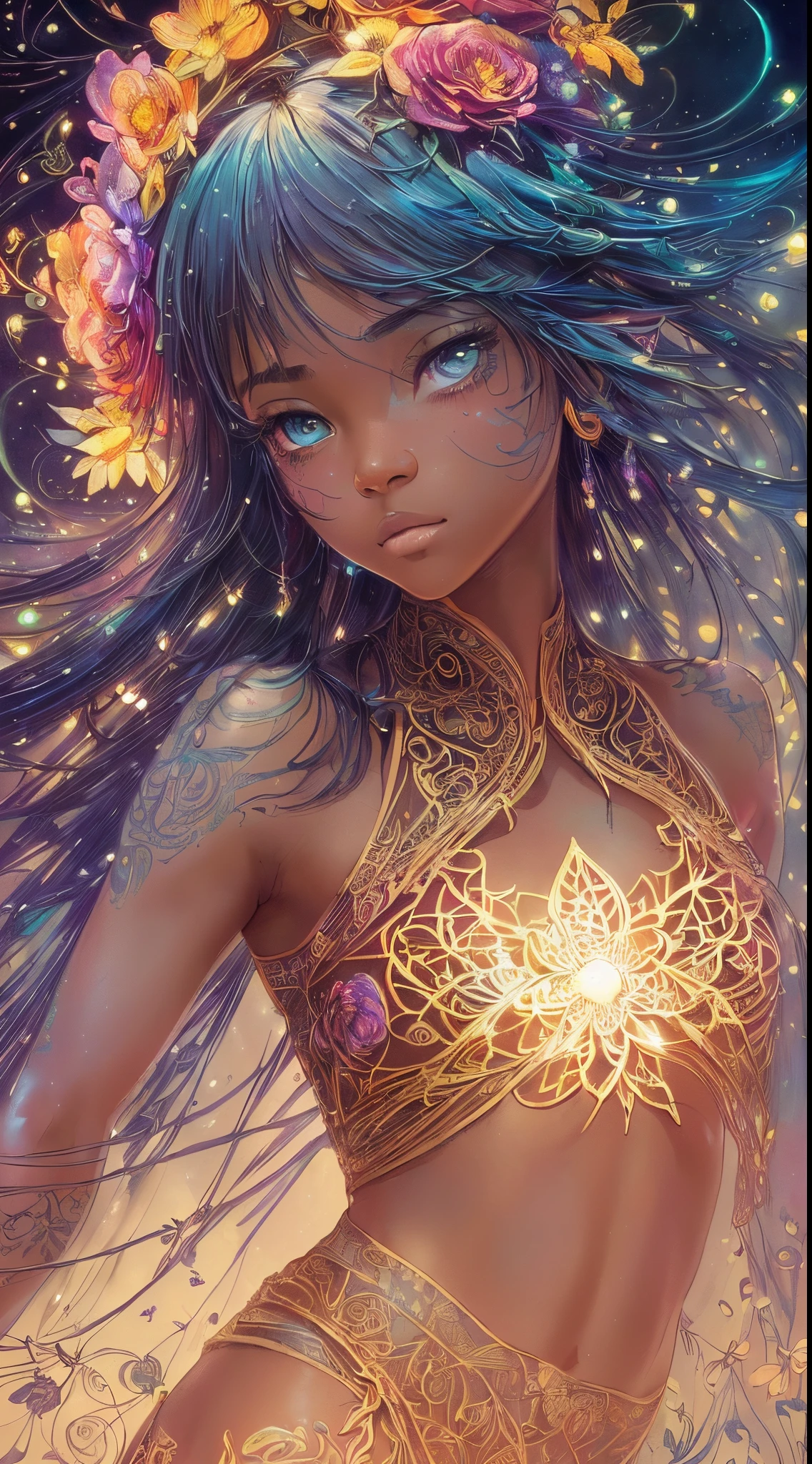 {Celestial hues, lofi, shiny aura, oil shine, cute, black girl in a crop top and baggy jeans, big pretty eyes} solo ((( perfet dark skintone, perfect flawless face, highly detailed, dynamic pose, intricate glowing motifs, beautifully detailed floral organic tracery, perfect composition, digital painting, artstation, concept art, smooth, sharp focus, illustration, Carne Griffiths, pixar, Victo ngai, Jean Baptiste Monge, beautiful, perfect eyes, full lips, 8k, best quality, full shot )))