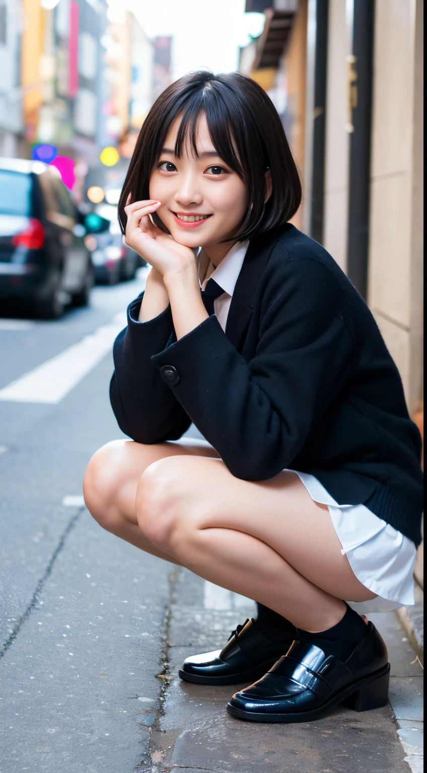 Best-quality, Masterpiece, Ultra-High-Resolution, (Photorealistic:1.4), Raw-Photo, Extremely-Details, Perfect-Anatomy, Ultra-detailed, cold winter, 1girl, -yeld, thost famous Japanese idol in Japan, innocent smile, focus of face and crotch, wearing formal Japanese-high-school-uniform and colorful panties with cute design, squatting on main street in Hiroshima, extremely cute face like the most popular Japanese idol in Japan, extremely beautiful big black eyes, extremely beautiful black solid circle eyes, extremely beautiful black short-cut-haired, extremely beautiful legs, extremely beautiful thighs, detailed formal Japanese-high-school-uniform, detailed main street in Hiroshima, detailed cute face, detailed beautiful big black eyes, detailed beautiful black solid circle eyes, detailed beautiful black short-cut-haired, detailed beautiful thighs, detailed beautiful legs, detailed black loafer shoes, detailed white socks, detailed colorful panties with cute design