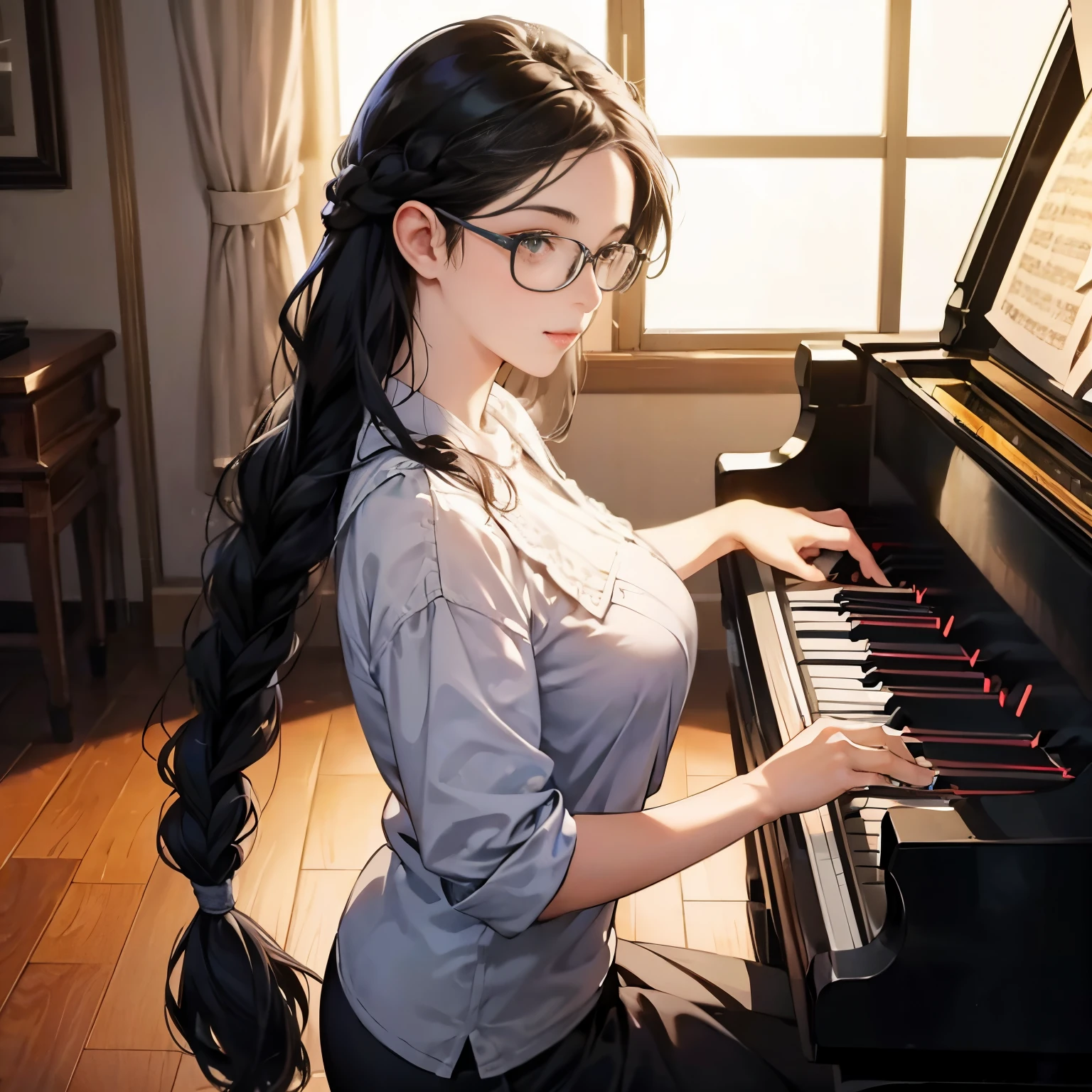 1 girl,A cute girl wearing glasses is playing the piano,ssmile,black hair braid,tre anatomically correct,Precise fingers,Colossal tits,photorealisim,​masterpiece,