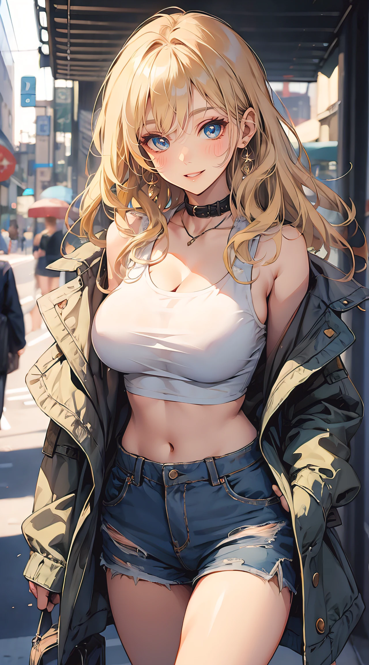 (masterpiece:1.2), best quality, PIXIV, cool girl, glorious, blonde hair, street, short shorts, big breast