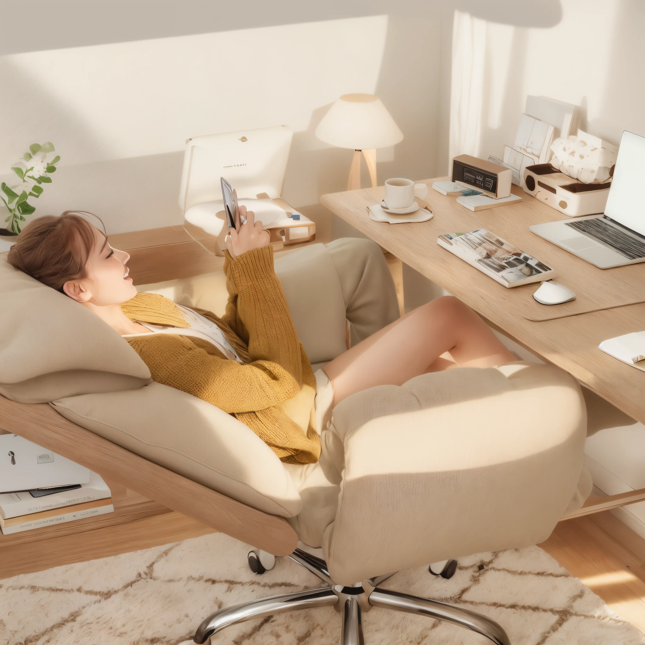 There is a woman sitting on a chair，Feet up, sofa desk, Work from home, home office interior, in a comfortable chair, studyng in bedroom, comfortable chair, ergonomic, sitting relax and happy, Cream room, elegant study, relaxed posture, designed for cozy aesthetics!, Warm and joyful atmosphere, cozy environment, Lazy, sit on chair