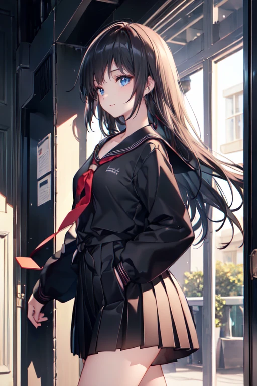 8k, (ultra-detailed:1.3, master piece:1.3, best quality:1.3, high resolution:1.3), 18year old, High school students, 1 person, a girl, large and beautiful face, beautiful neck, beautiful breasts, Blue eyes, eyes in highlight, catch light eyes, specular highlight eyes, (long hair), (black hair), ((long sleeve, black sailor suit, Black pleated skirt, Separated uniforms, red ribbon tie), collarbone, from the front side,)A smile, school corridor,