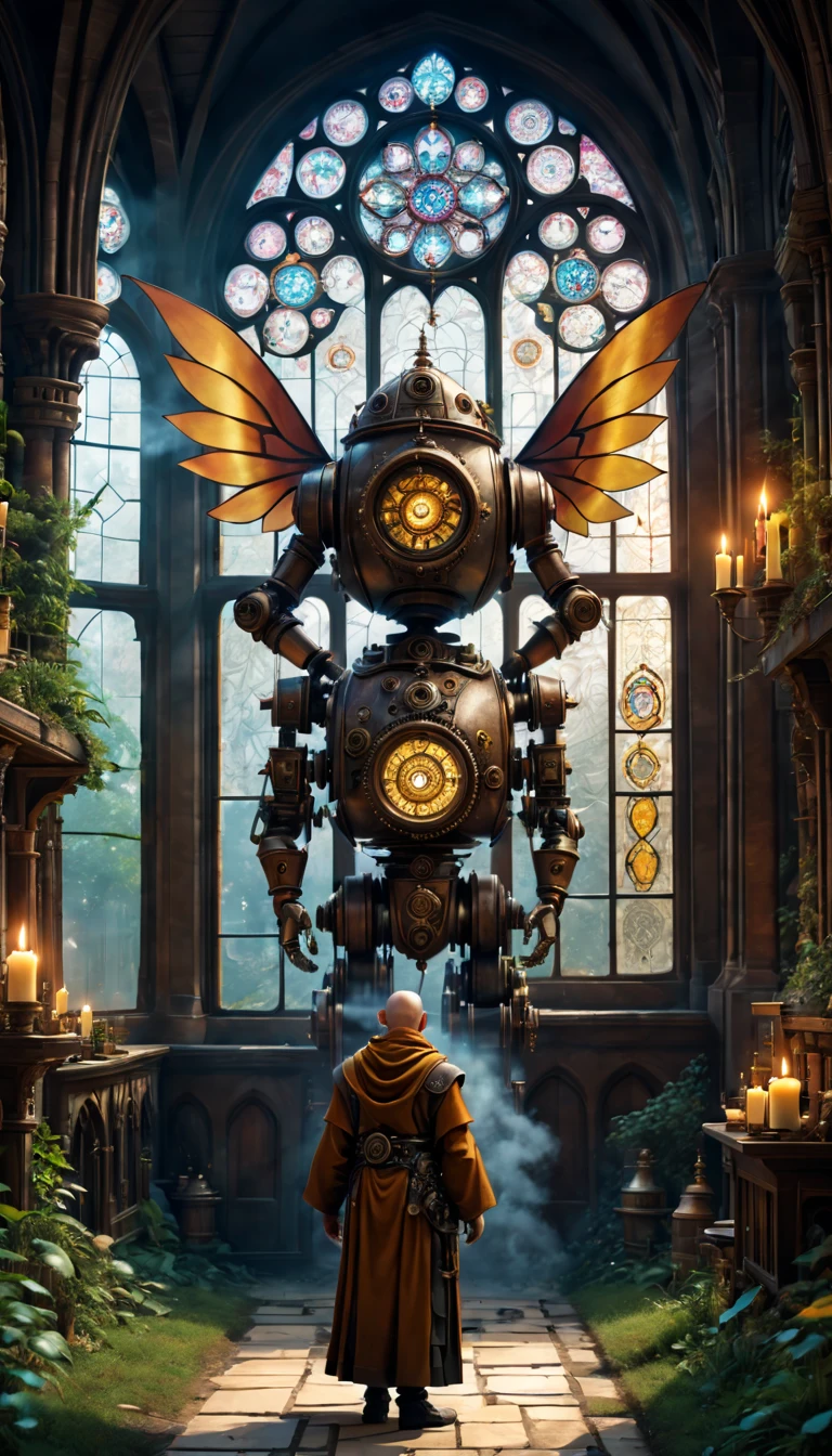 (best quality,4k,8k,highres,masterpiece:1.2),ultra-detailed,(realistic,photorealistic,photo-realistic:1.37),medieval monastery garden,steampunk robot monk,beautiful ornate architecture,steampunk machinery and gears,exquisite stained glass windows,enchanted flower garden,ancient stone walkway with intricate carvings,glowing candles and dimly lit atmosphere,steam and smoke billowing from the machinery,mystical atmosphere,peaceful and serene setting,mechanical wings attached to the robot monk's back,robot monk with intricate clockwork mechanisms,electromechanical eyes glowing with energy,warm golden color palette,gentle sunlight streaming through the stained glass windows,whispering sound of wind and rustling leaves,the scent of aged books and incense,notes of ancient Gregorian chants echoing in the air,sense of awe and tranquility,combination of futuristic and medieval elements,harmony of technology and spirituality.