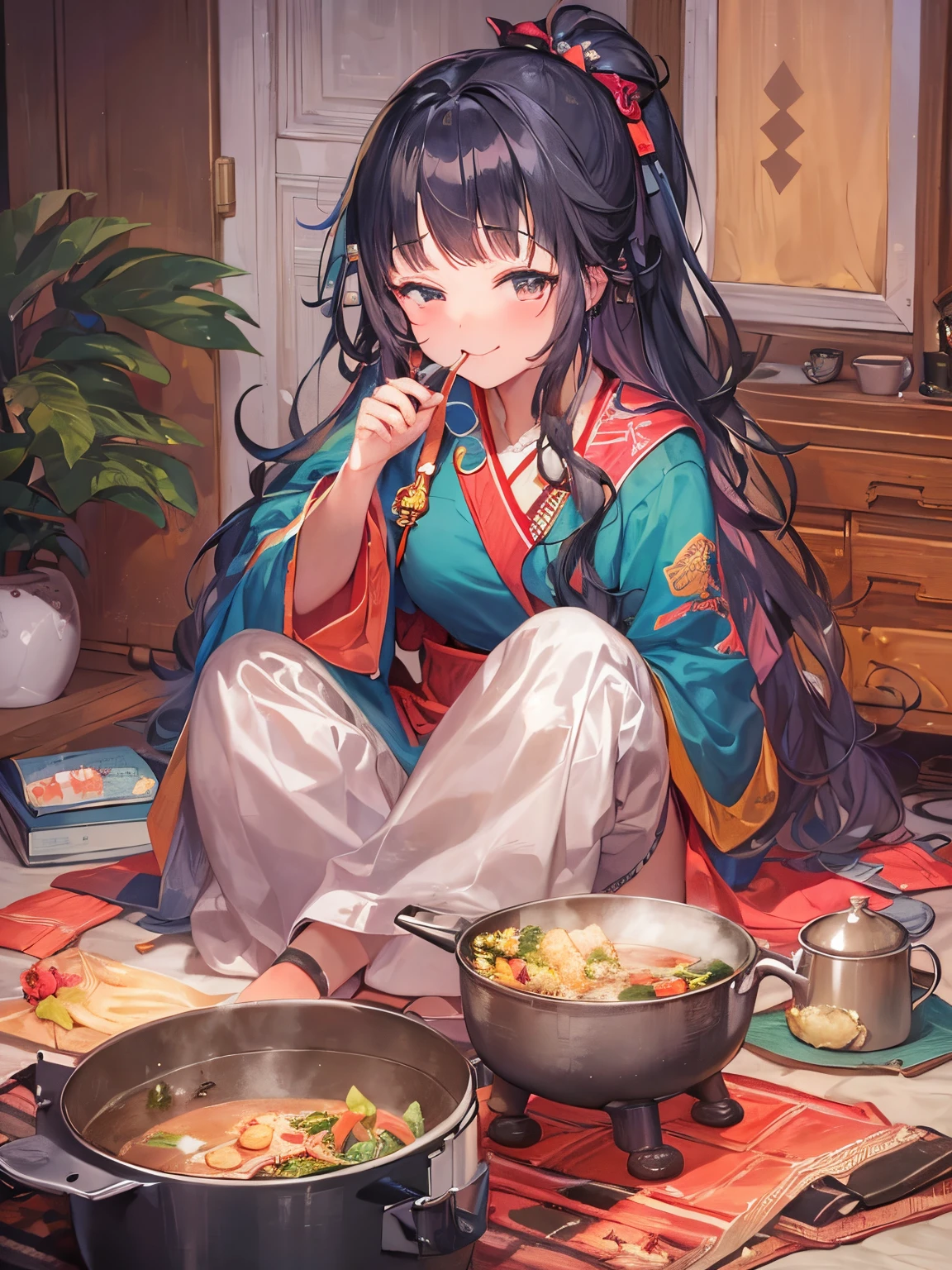 ​masterpiece、top-quality、looking at the viewers、tie long hair up、Warm room、(hair wavy:0.7)、Colorful casual attire、A black-haired woman smiling happily with her mouth open，sit on a kotatsu with a pot、