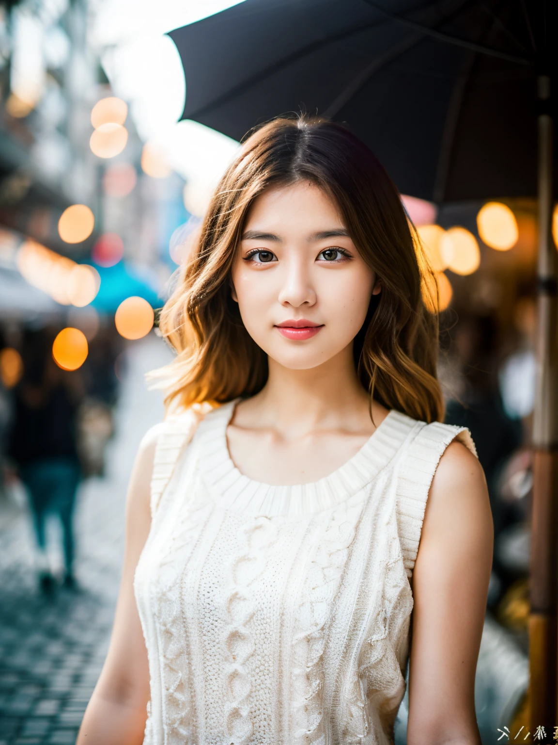 (Mastepiece, highest quality: 1.2), 8K,Dark Eyes, 1 Female, 25 Years Old, (((Female))), Solo, Realistic, Top Quality, Photorealistic, Masterpiece, 8K, High Resolution, Solo, Highly Detailed Face, (Professional Lighting, bokeh), (light particles, lens flare, glowing particles: 0.6), (dynamic pose: 1.2), soft lighting, angle from above, fashionable and trendy atmosphere, Japan, street, Tokyo, city, ( (Daytime)), Sky, ((Viewer looking at: 1)), (Looking at camera), (Portrait: 0.6), Cowboy shot, Gorgeous, Standing, Maintains original facial proportions, Broad shoulders, Full body, (Poor) breastedium hair), brown hair, floating hair, lips, lipstick, seductive smile, floating hair, smile, (sleeveless white blouse), (jumper skirt), eyelashes, waist shot,