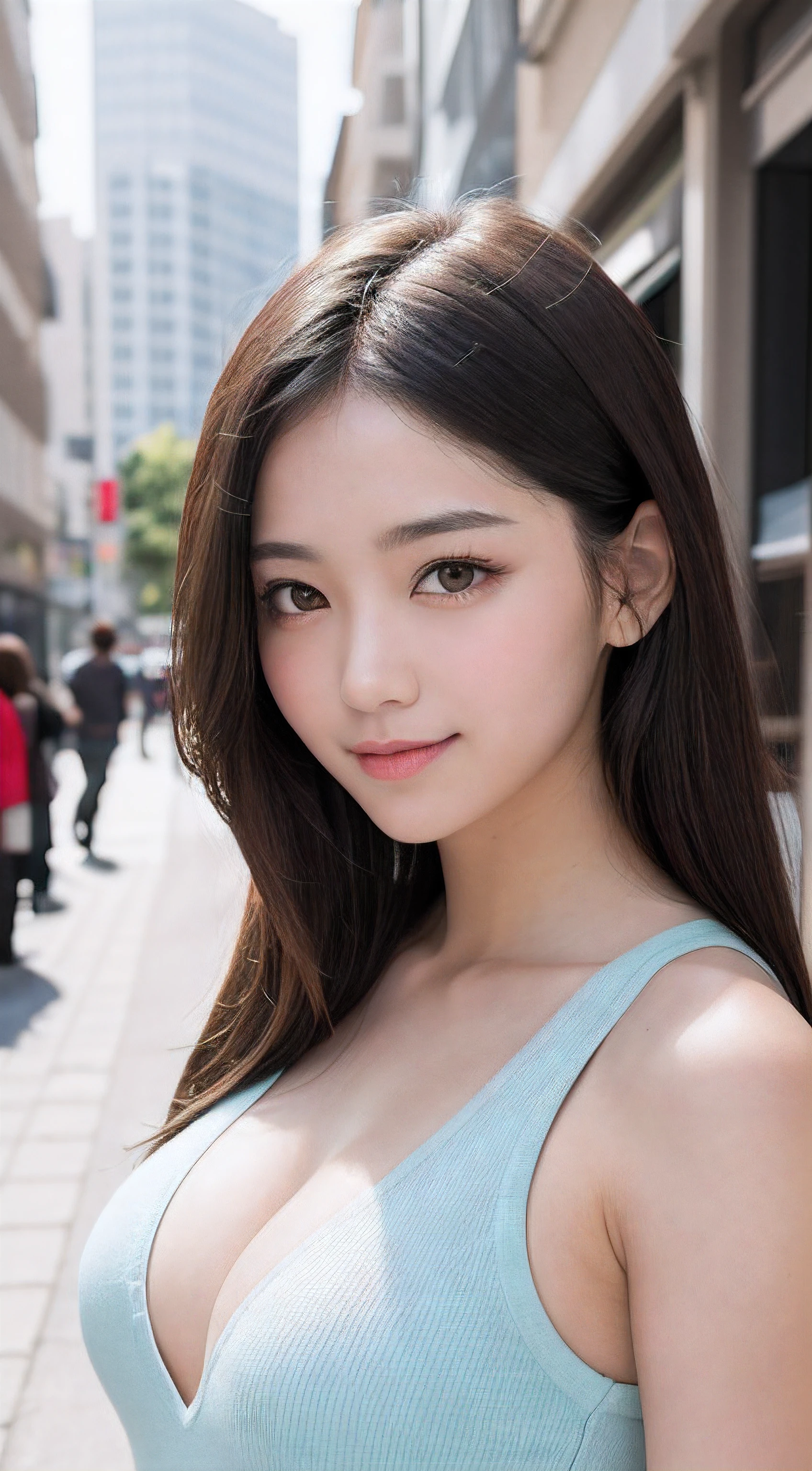 masutepiece, Best Quality, Illustration, Ultra-detailed, finely detail, hight resolution, 8K Wallpaper, Perfect dynamic composition, Beautiful detailed eyes, doress,Medium Hair, mid-chest, Natural Color Lip, Random and sexy poses,Smile,Aoyama Street Walk、20 years girl、Clear skin