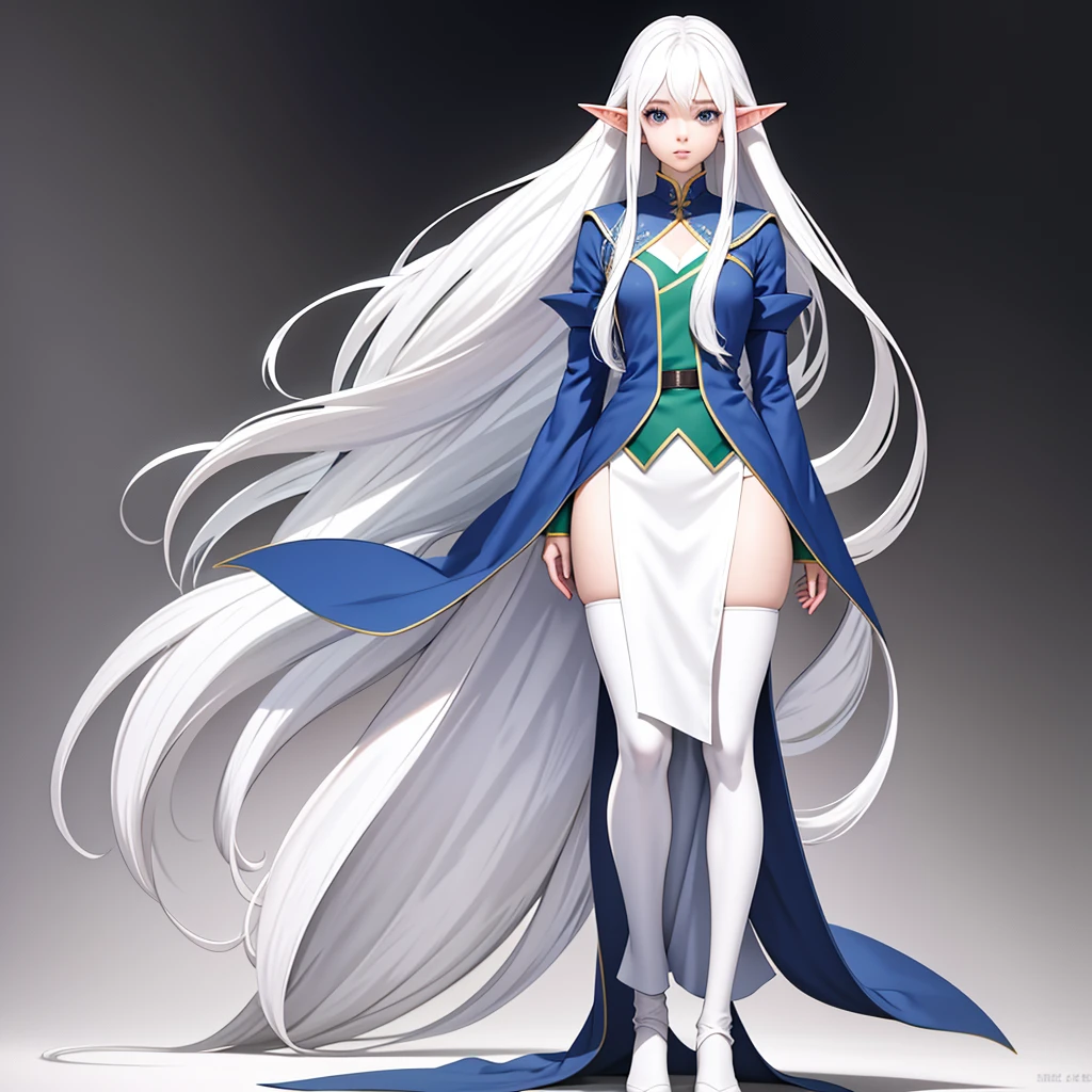 1 girl,solo, elf, long messy white hair, full body standing straight