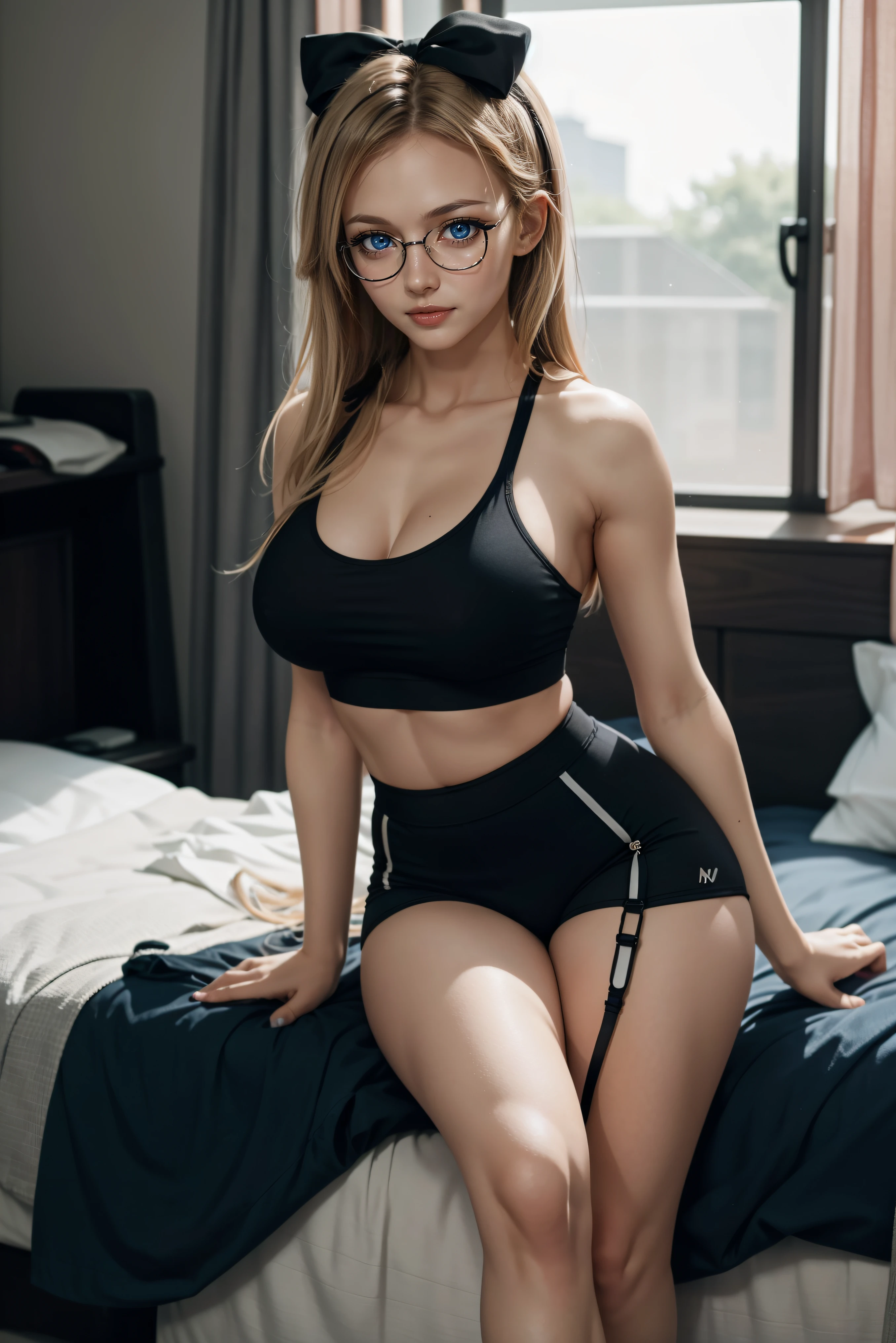 masterpiece, high res, 4k, (perfect anatomy:1.5), perfect long legs, perfect arms, sexy face, rose cheeks, workout clothes, tight black high waist shorts, black sports bra, full body, long blonde hair with white bows and ribbons, pigtails, tiny body, large breasts, dark blue eyes, ((large round black rimmed glasses)), stockings, straps, lying in bed