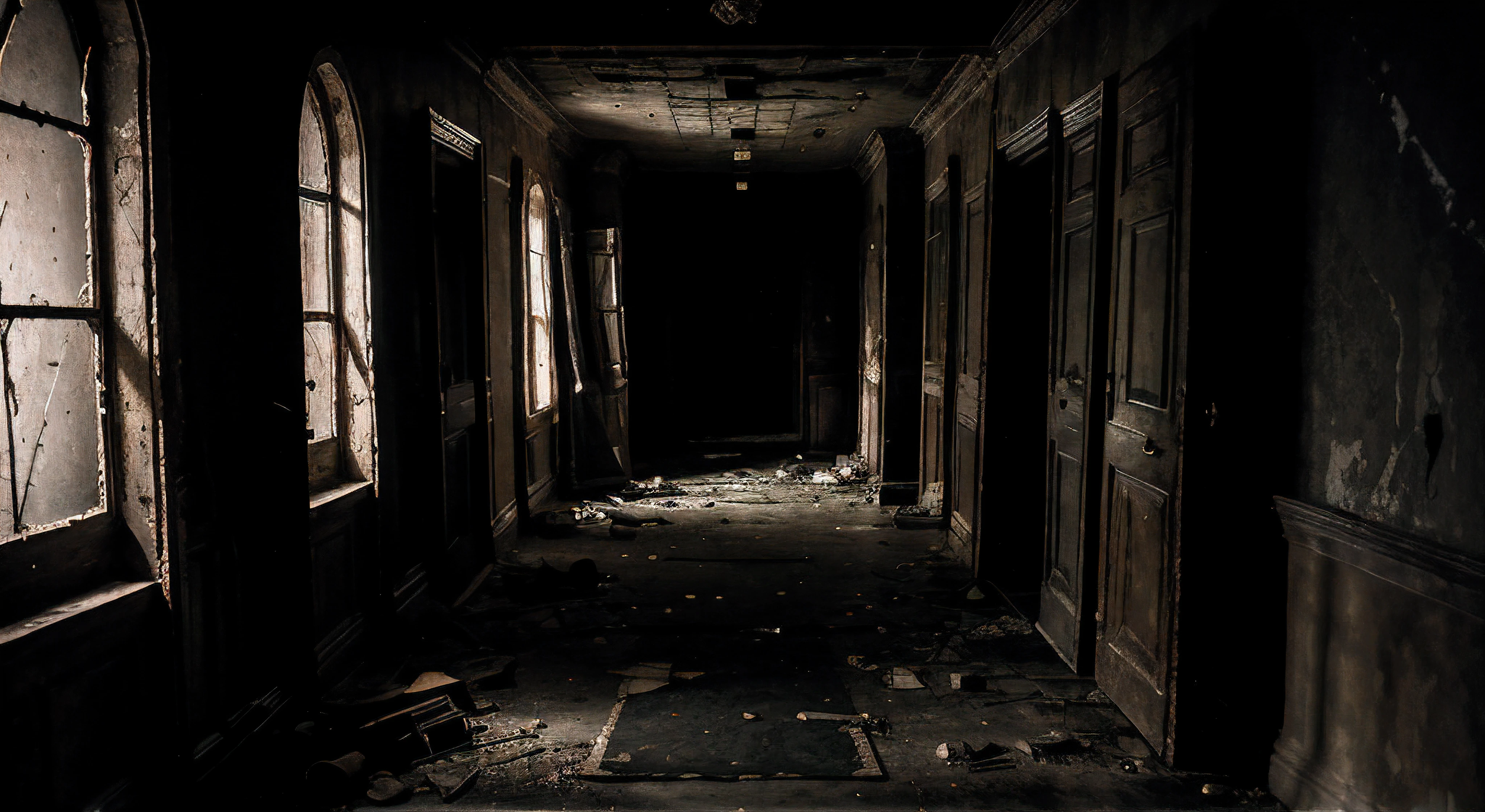 corredor de casa antiga com objetos quebrados, dark and macabre Resident Evil mansion style environment and alone in the dark. Piso com tapete persa rasgado, post apocalyptic scene. Escuro, atmosfera noturna, sinistro local de terror estilo Outlast e Resident Evil. sem personagens na cena. Views from 4 angles of the same scene. night time. Corredor escuro e macabro.