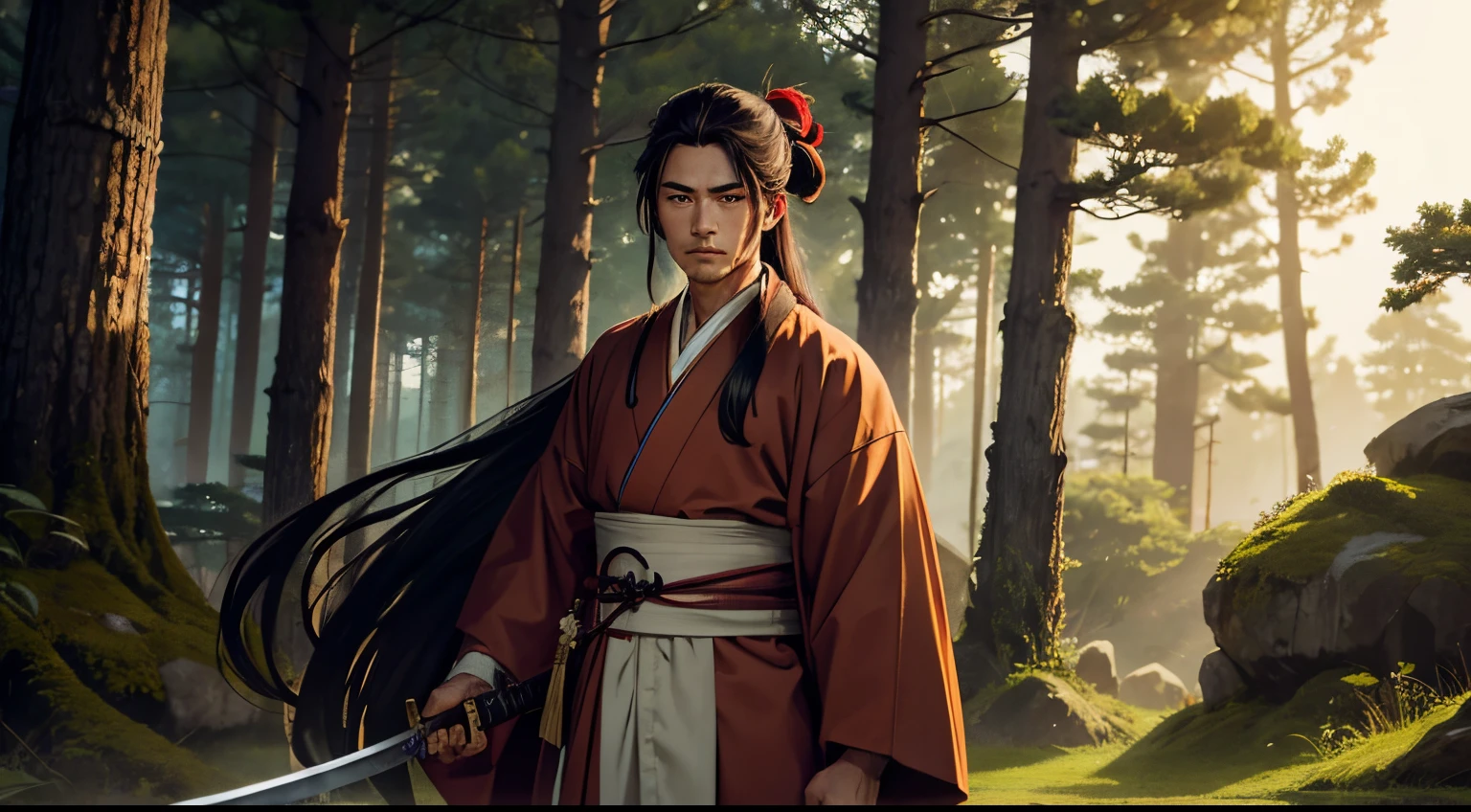 long hair male, brave, hair tied next to both ears, ancient Japanese clothing, kesa, kimono, holding a sword, standing in the forest, looking at viewer
