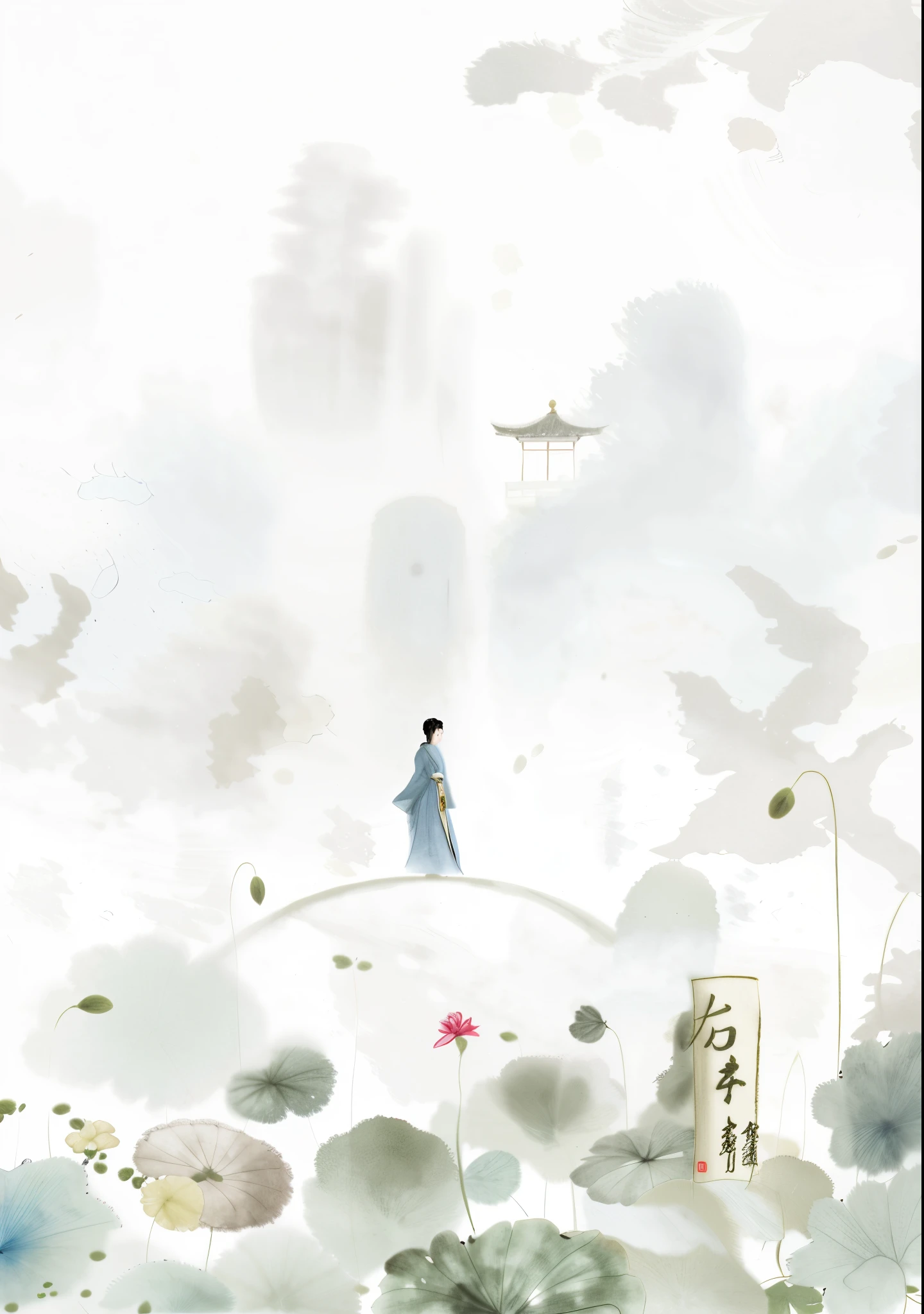 A woman walked across a bridge among flowers, serene illustration, A beautiful artistic illustration, Zen temple background, chinese watercolor style, Blurry and dreamy illustration, Blurry and dreamy illustration, by Cheng Jiasui, Dream illustration, digital painting of a pagoda, There are dry lotuses under the bridge and drizzle is falling