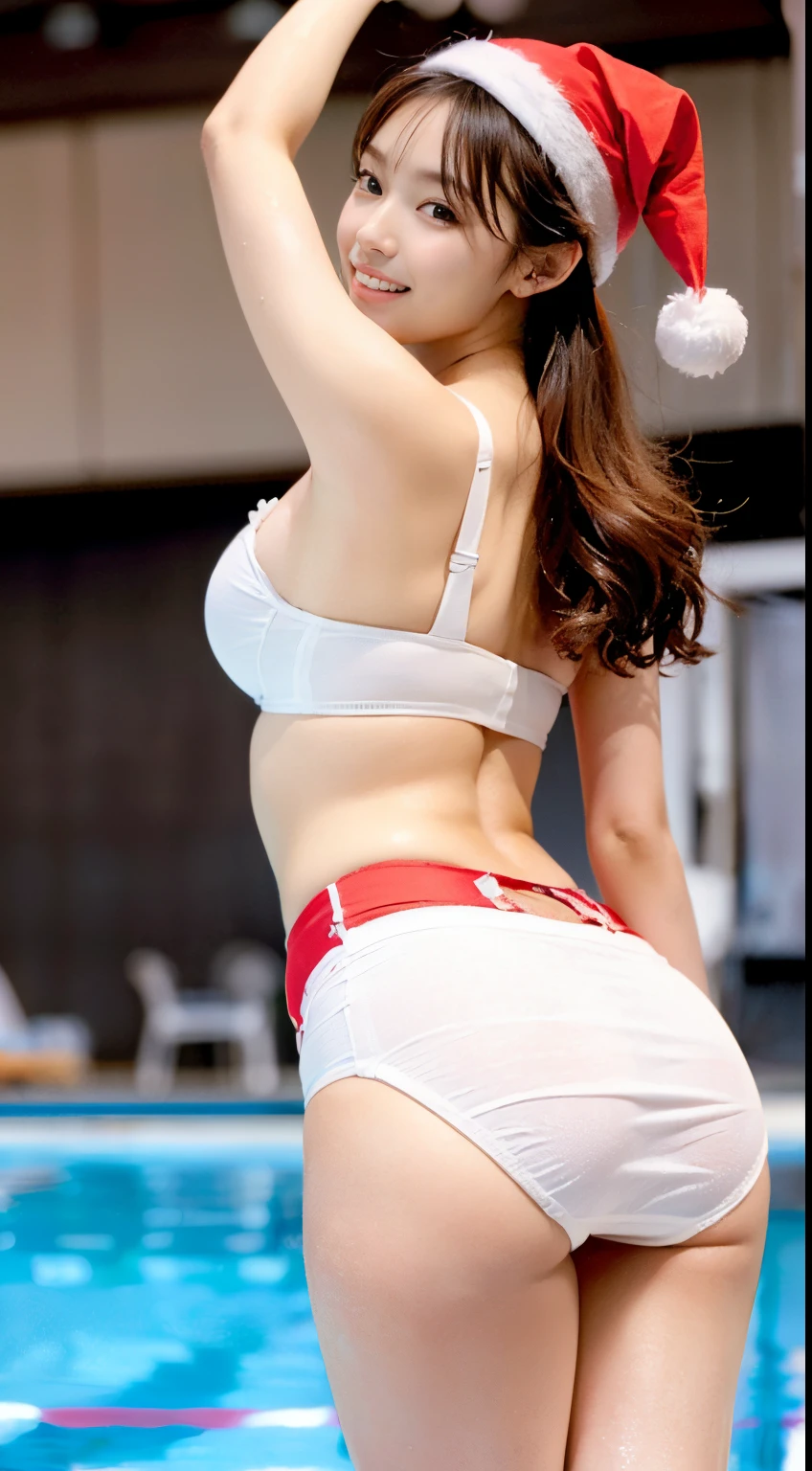 (((solo person))),(((wear stiletto heels、Beautiful young actress stands with arms outstretched by an indoor pool))),(((masutepiece:1.6))),(((ulzzang-6500))),(((perfect anatomia:1.4))),(((Deep depth of field with Hasselblad))),(((beautiful waistline))),masterpiece,top-quality,超A high resolution,High resolution full body portrait,(photographrealistic:1.4),(((High nose and chiseled beautiful face))),(((Long limbs like a model))),Pure white underwear is dazzling,(((Wearing a Santa Hat,Super mini skirt made of white, green and red velor fabric that shows the navel))),(((Photographed from behind at a super low angle))),18year old,cute little,long and shiny chestnut hair,((With plump G cup bust,A very thin waistline is amazing),(((closes mouth, Look up and smile))),A detailed eye,((Gravure photoshoot by the pool)),((Don't look at the camera)),Cute big eyes and long eyelashes,Distinct double eyelids,((shiny thick lips)),(((perfect anatomia:1.4))),
