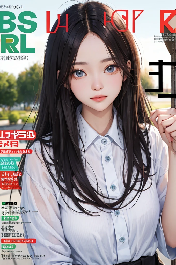 masterpiece, best quality, spring outfit, colorful hair, outdoor, magazine cover ,upper body,