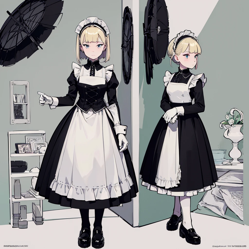(((Detailed Character Sheet, Frontal view, Side view, three quarter view))), (superfine illustration:1.2), Hyper-detailing,1girl, solo, full body, blunt bangs, half updo, medium hair, platinum blonde hair, aqua eyes, pale skin, maid headband, white headwear, victorian maid outfit, black shirt, long sleeves, white cuffs, maid apron, white long apron, long skirt, black skirt, frilled skirt, black pantyhose, white gloves, black leather shoes, medium breasts, skinny, slim legs, white background