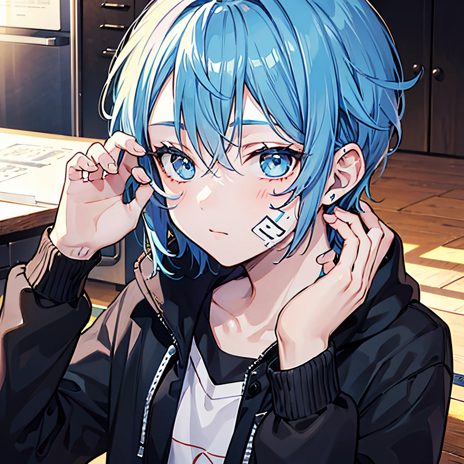 Boy with blue hair, blue eyes, soft facial features, board looking, no background
