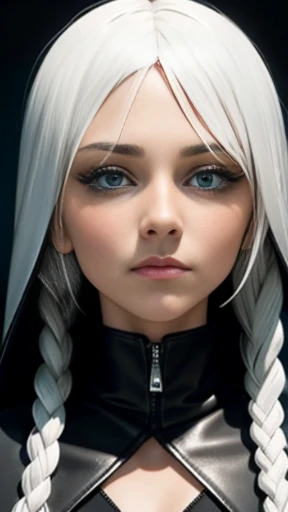 (master piece), (best quality), a close-up, of a girl, with platinum hair, (silver white hair), with double braids, her name is Vendetta, (((call her Vendetta)), she She has a perfect face, tanned skin, green eyes, an angry expression, controlled fury, she always lurks in the shadows, wears a hooded vest, made of dark leather.