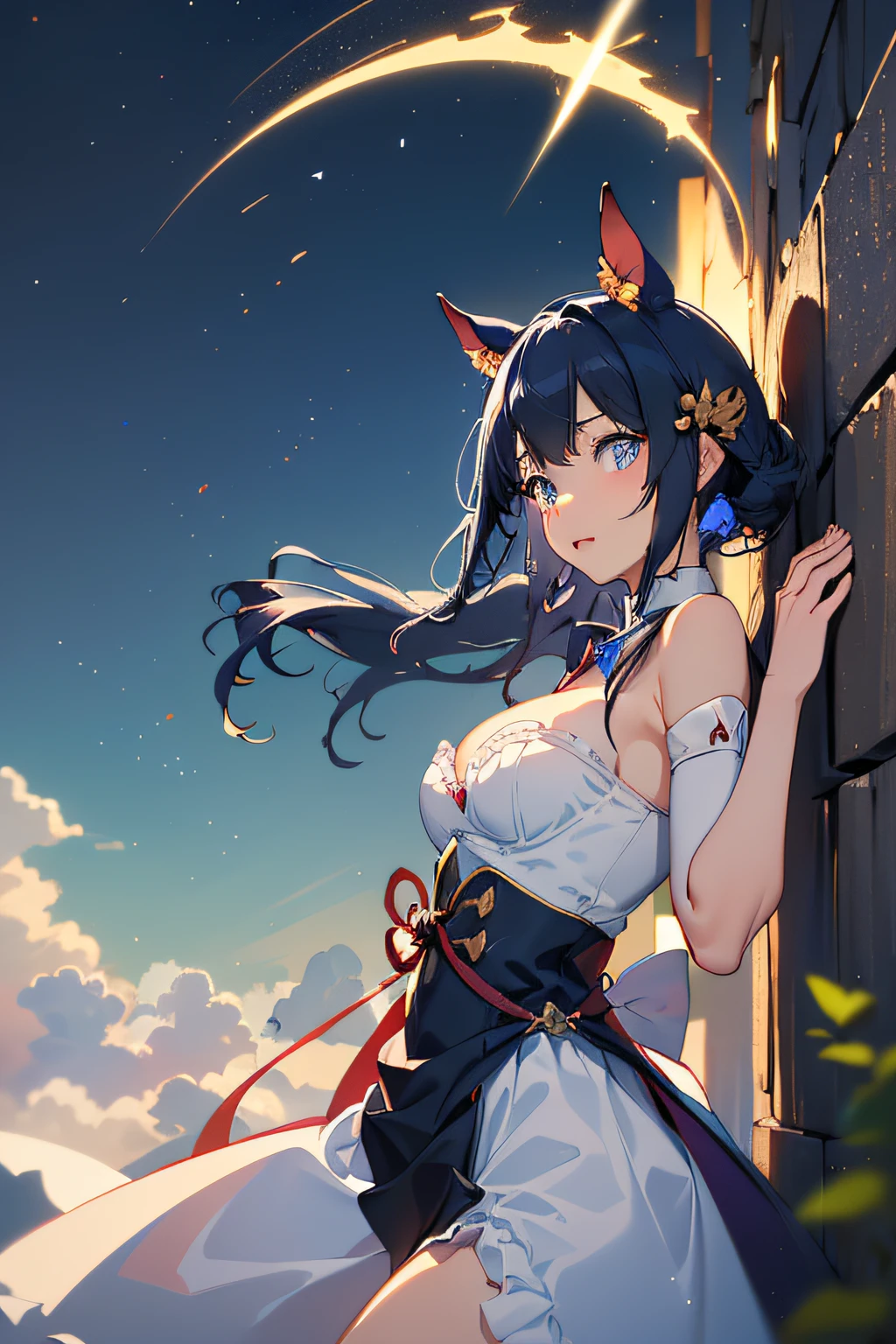 ((Marl、Horse ear headband、fake horse ears)）、（lightly dressed、cleavage of the breast、fully body photo、Beautiful legs)、((Dark blue hair、Inner color red、Blue eyes、Has a small、年轻、side lighting bare shoulders、shining eye ring、Particles of light、llight rays、wall-、Diabolical))、1girl in、​master piece、japanaese girl、absurderes、hight resolution、ultra-detailliert、depth of fields、​masterpiece、extremely details CG、3D Photography、3D background、Unity、8K、Hi-Res、top-quality、shadowy、foco nítido、pale-skinned、A detailed eye、blurry backround、dynamic ungle、The most amazing super feat exaggeration、a closed mouth、Look at viewers、superclear