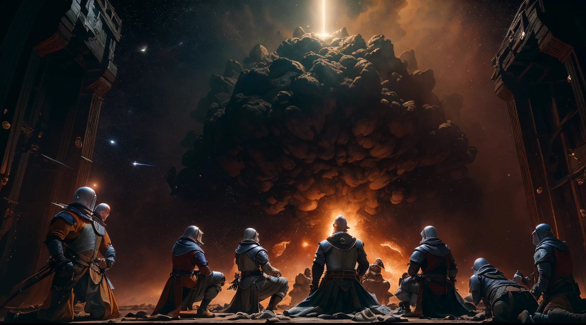 extremly intricate, cinematic lighting, chiaroscuro, masterpiece, Best quality, award winning, UHD , ((medieval times)), (Starship), war , (explosion) , (in space) , Inquisition , a group of people kneeling on the ground