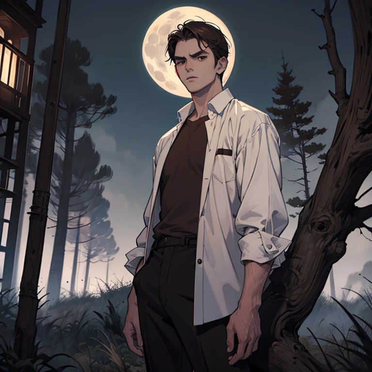 man, 18 years old, brown hair, brown eyes, white shirt, black pants, serious face, serious look, haunted scenery, dead tree, full moon, lots of fog.