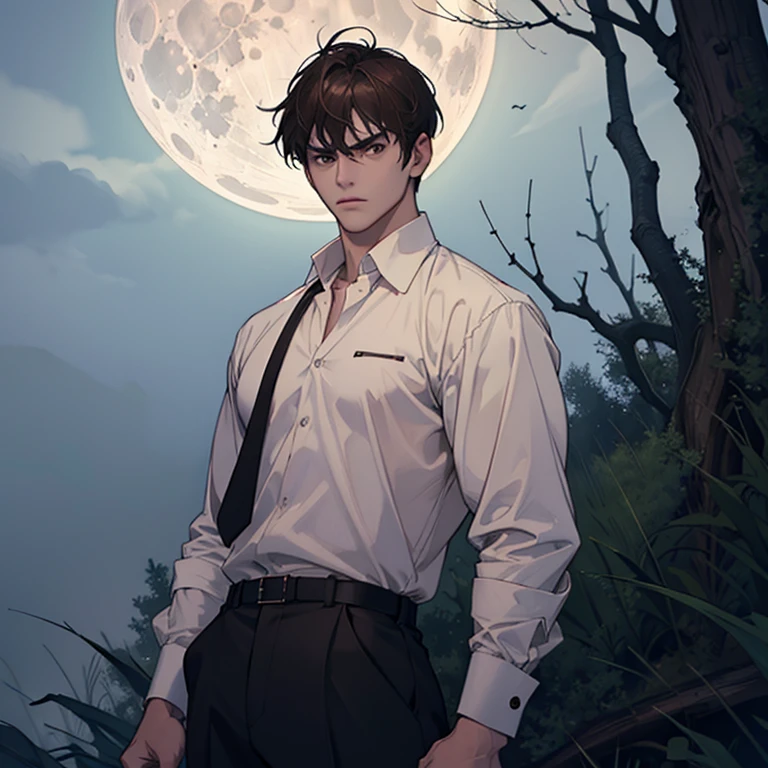 man, 18 years old, brown hair, brown eyes, white shirt, black pants, serious face, serious look, haunted scenery, dead tree, full moon, lots of fog.